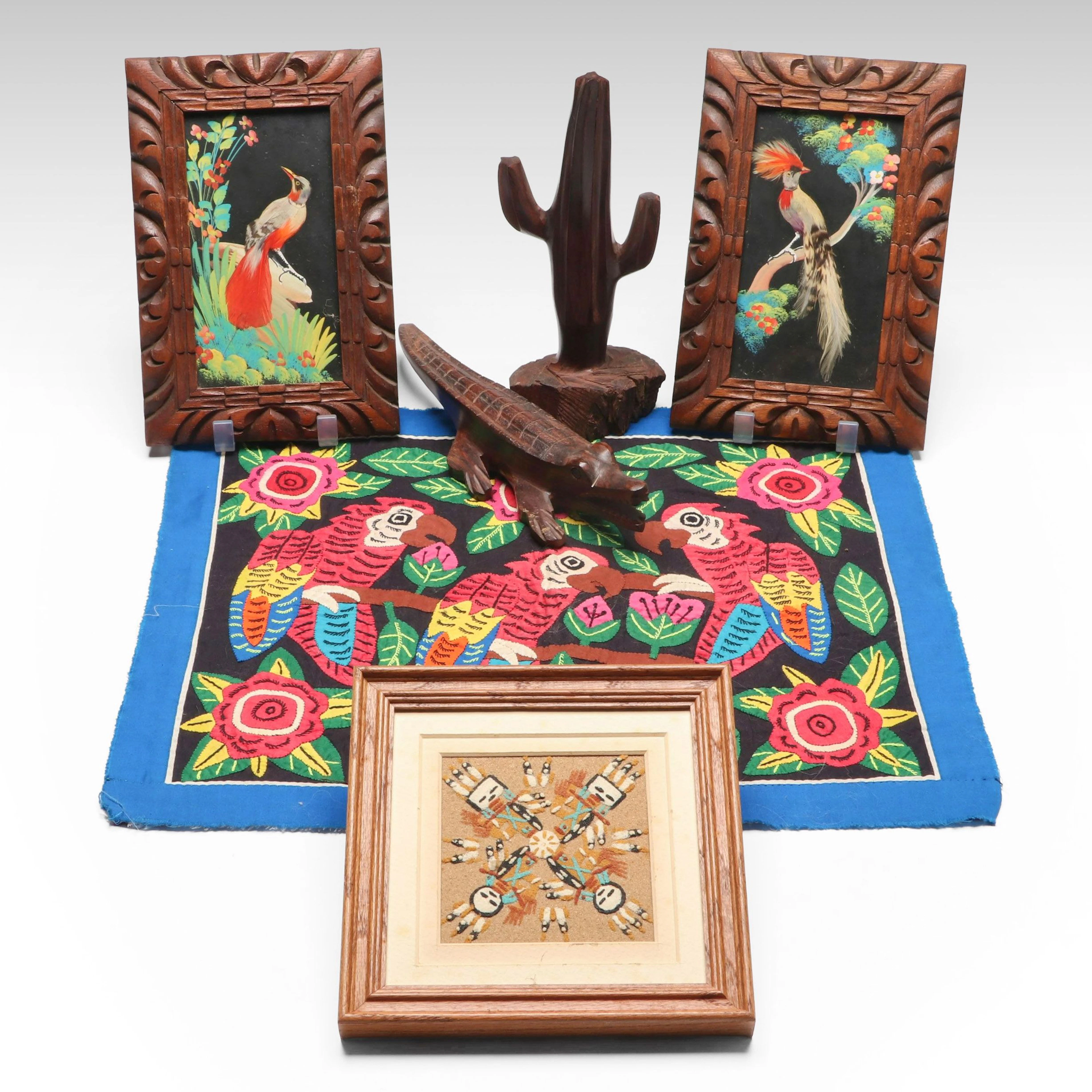 Panamanian Handcrafted Appliqué Parrot Textile with Figurines and More