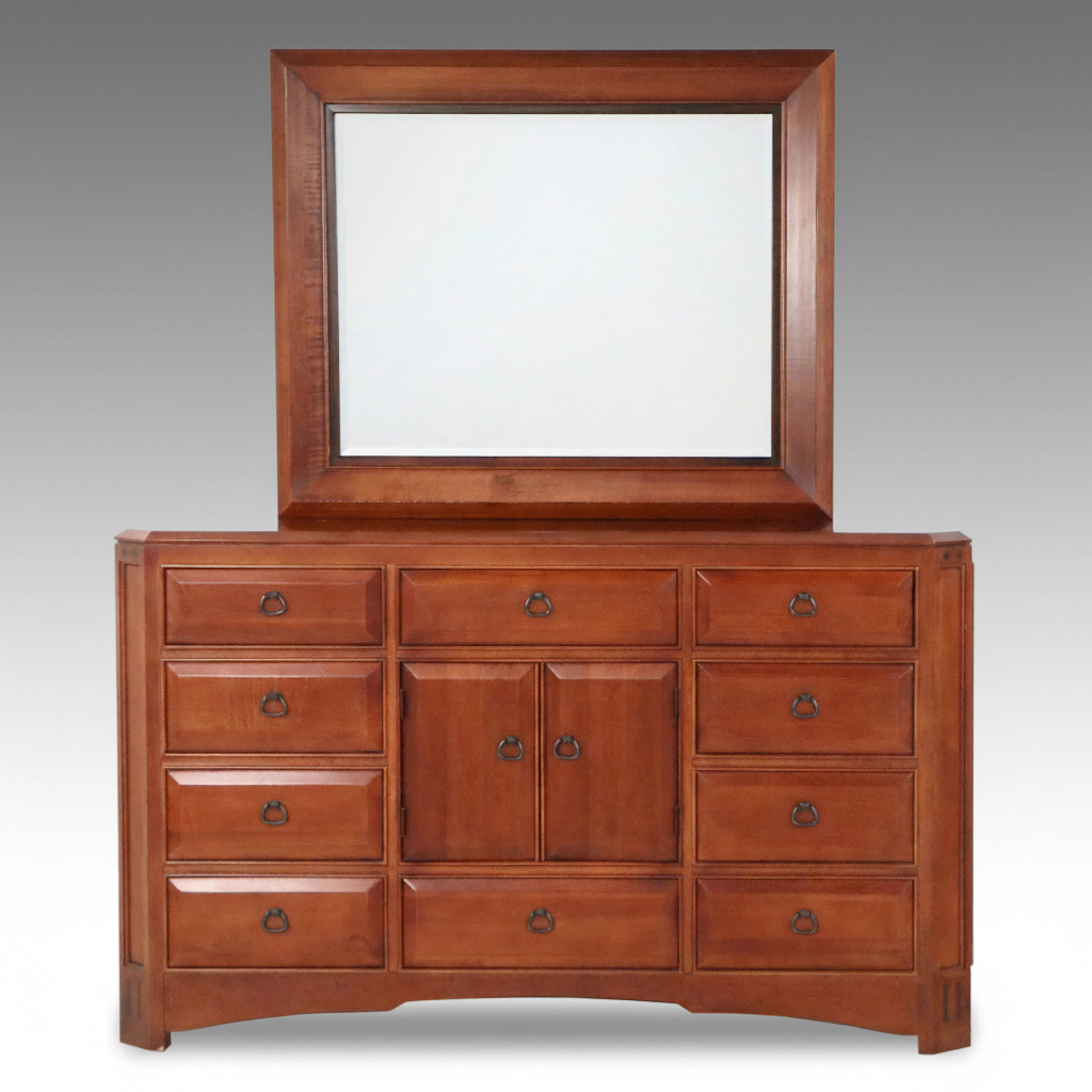 Contemporary Transitional Cherry-Finish Triple Dresser with Landscape Mirror
