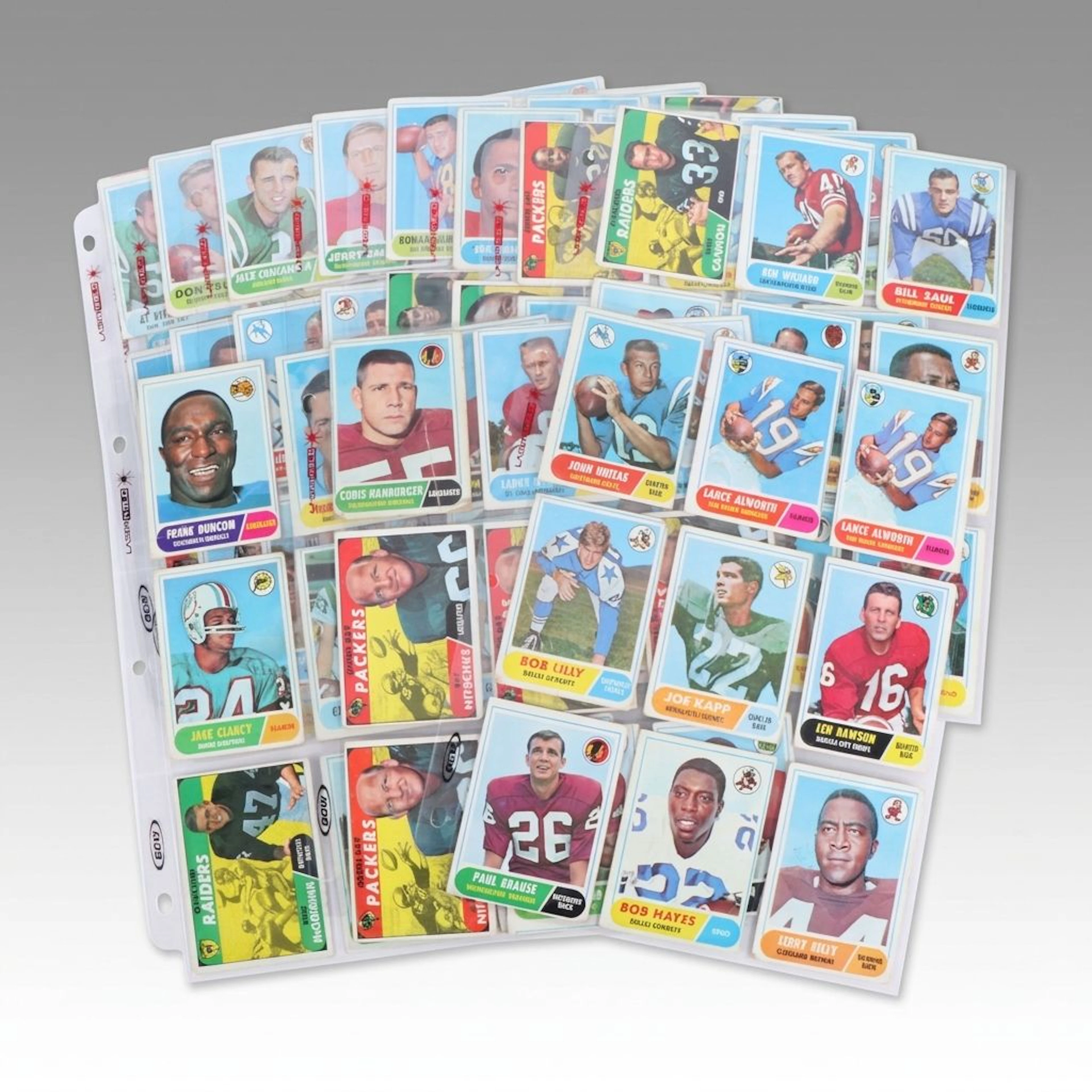 1968 Topps Football Cards with Johnny Unitas, Bob Lilly, and Len Dawson