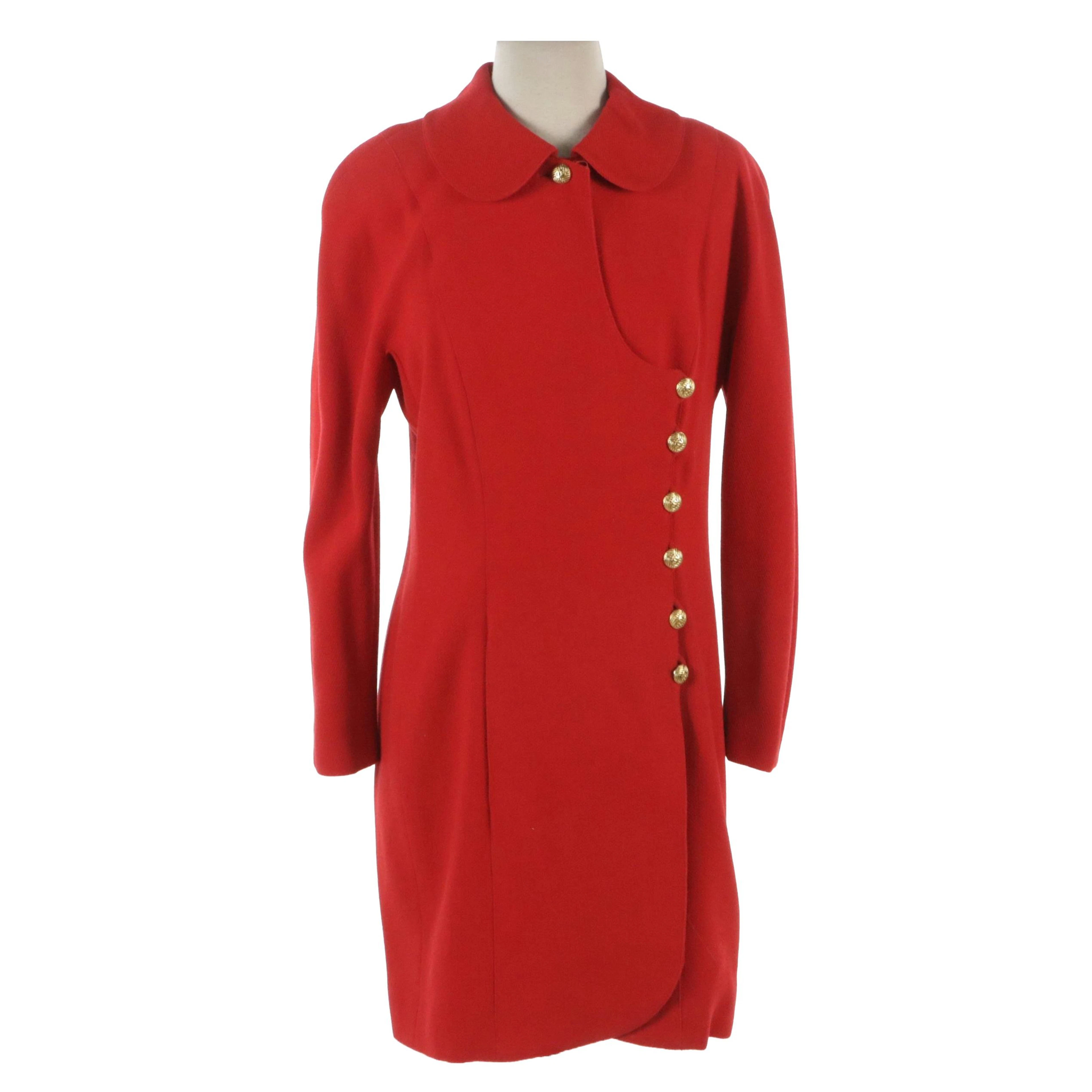 Chanel Boutique Red Wool and Silk Lined Side Button-Up Collared Evening Jacket