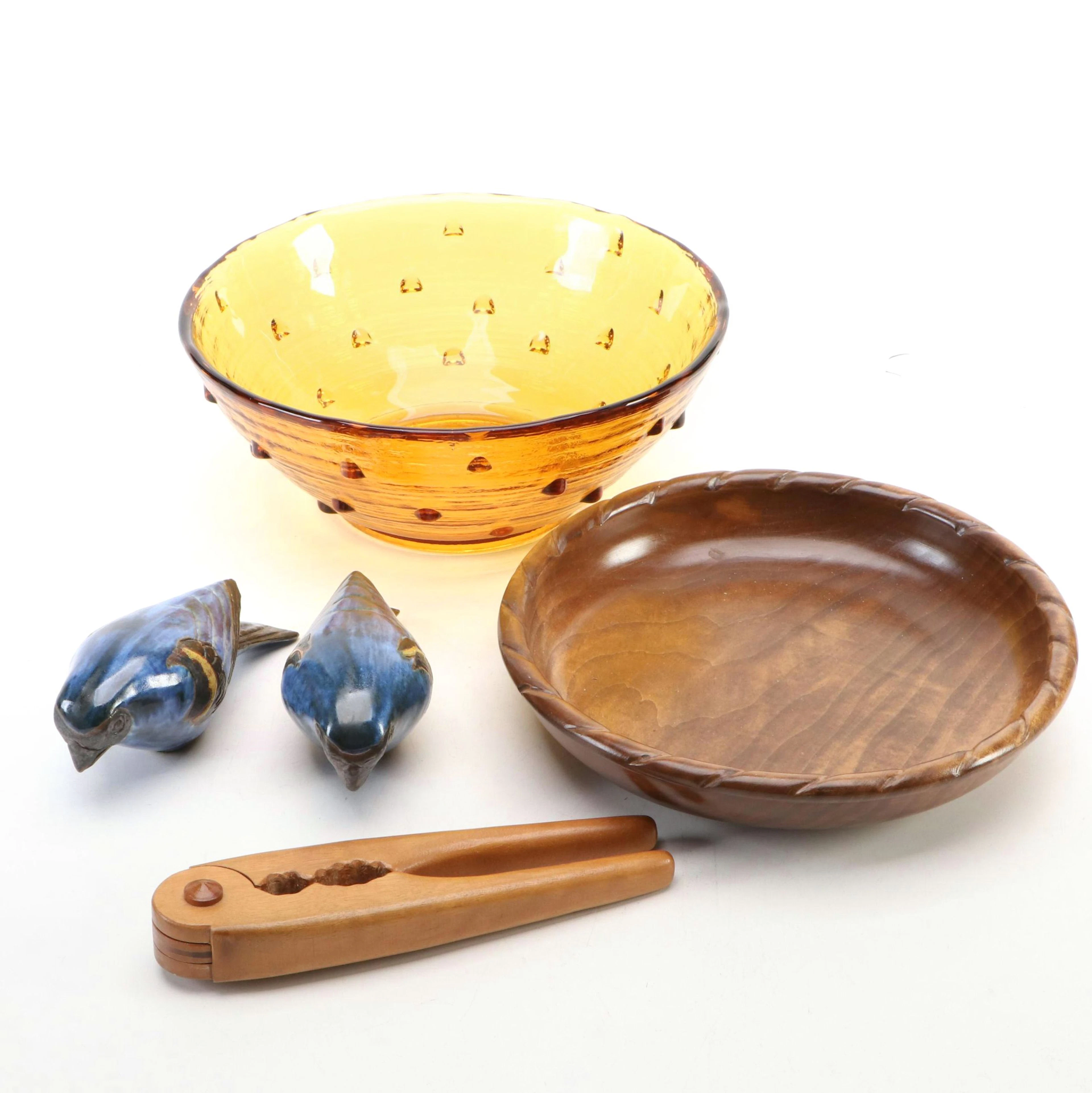 Wooden and Glass Bowls with Bird Figurines and Nutcracker