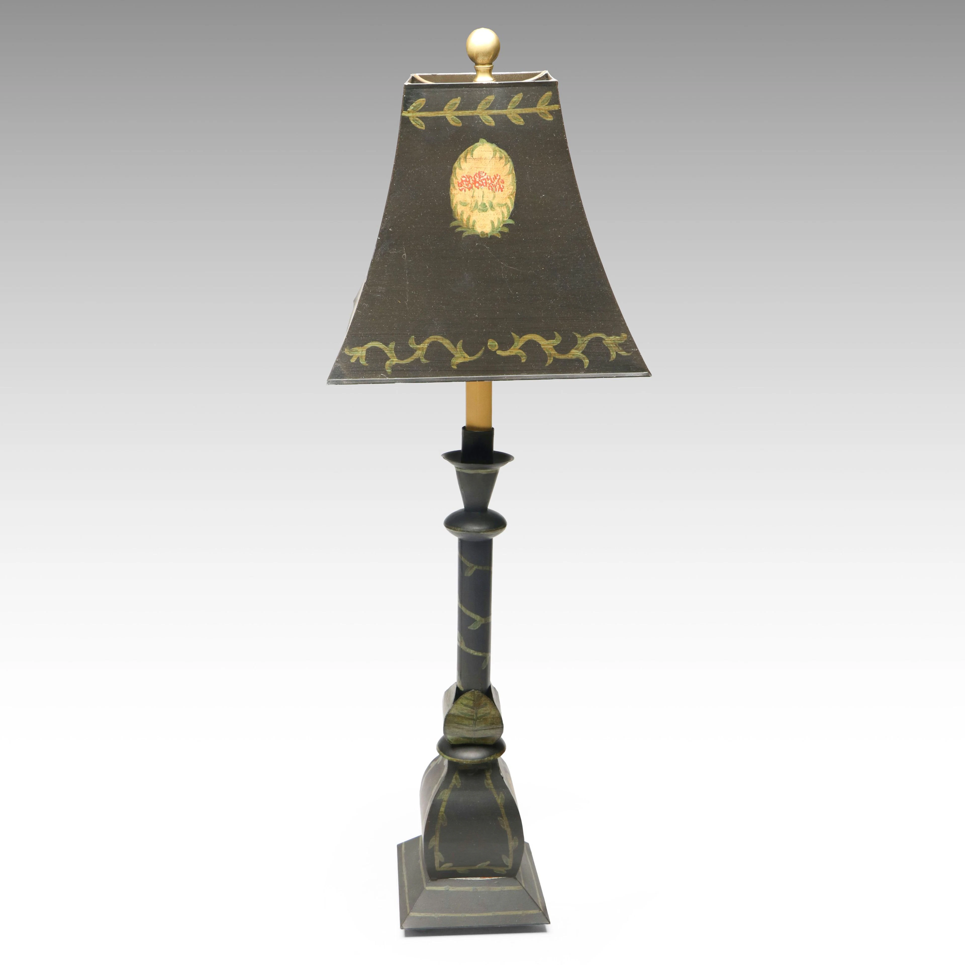 Mexican Hand-Painted Toleware Table Lamp with Painted Shade