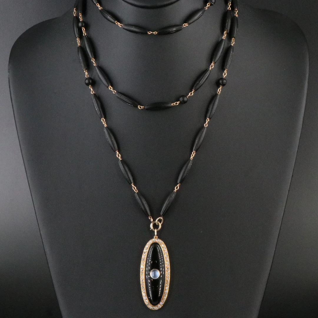 Victorian 14K Black Onyx, Moonstone, and Diamond Pendant on Black Onyx Chain