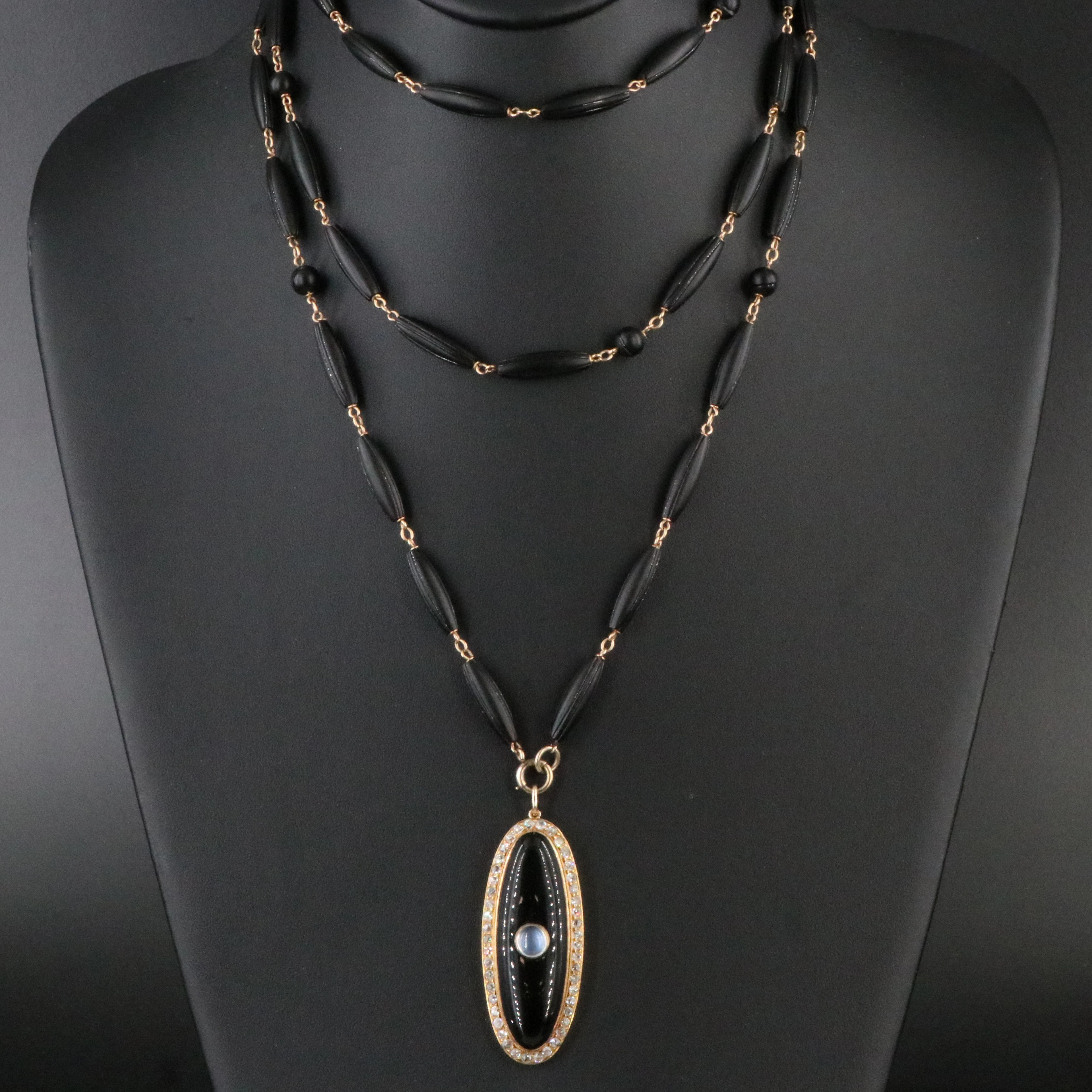 Victorian 14K Black Onyx, Moonstone, and Diamond Pendant on Black Onyx Chain