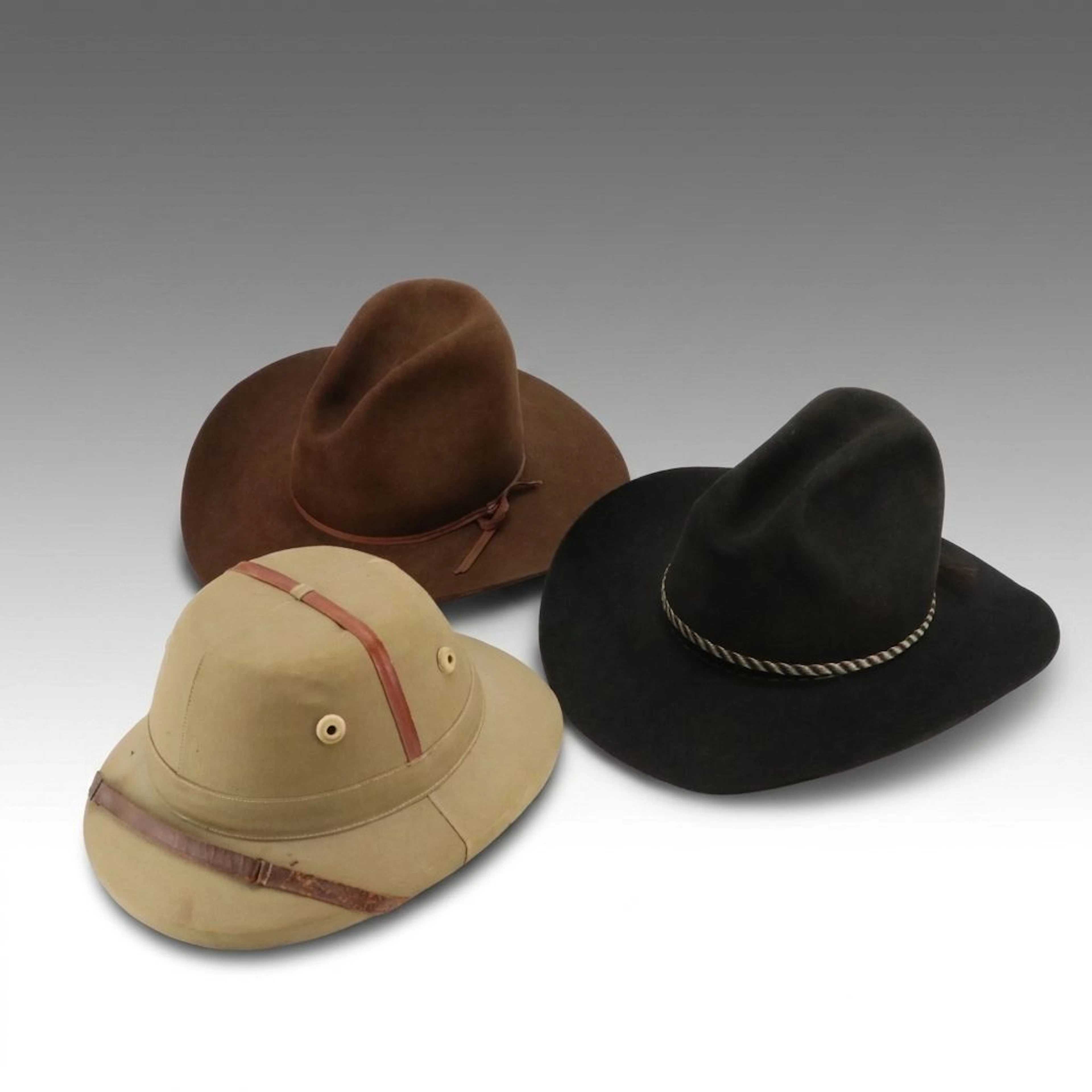 Sola Pith Helmet and Stetson Gus Crown 4X Beaver Cowboy Hats, Vintage