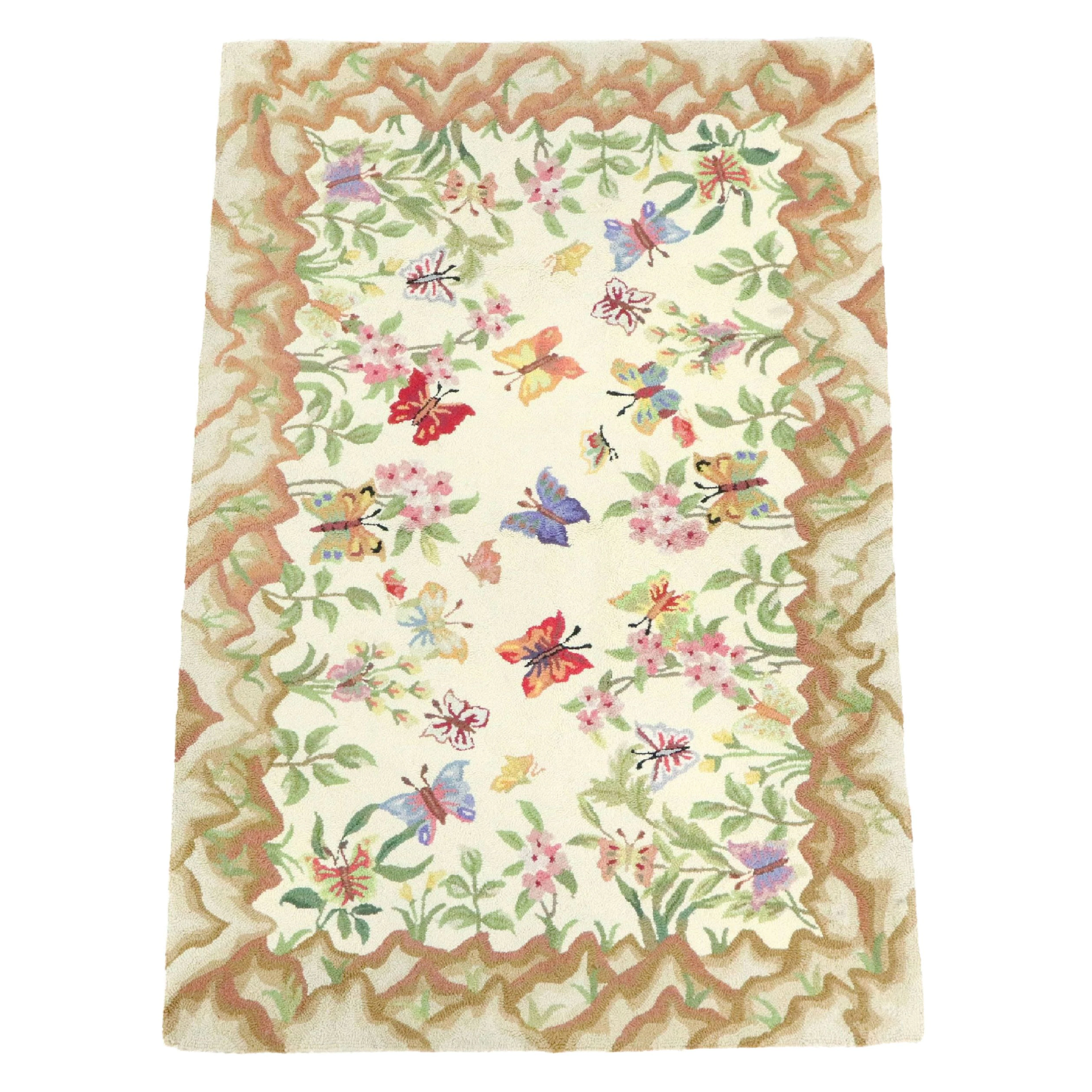 3'6 x 5'5 Handmade Butterfly Hooked Area Rug