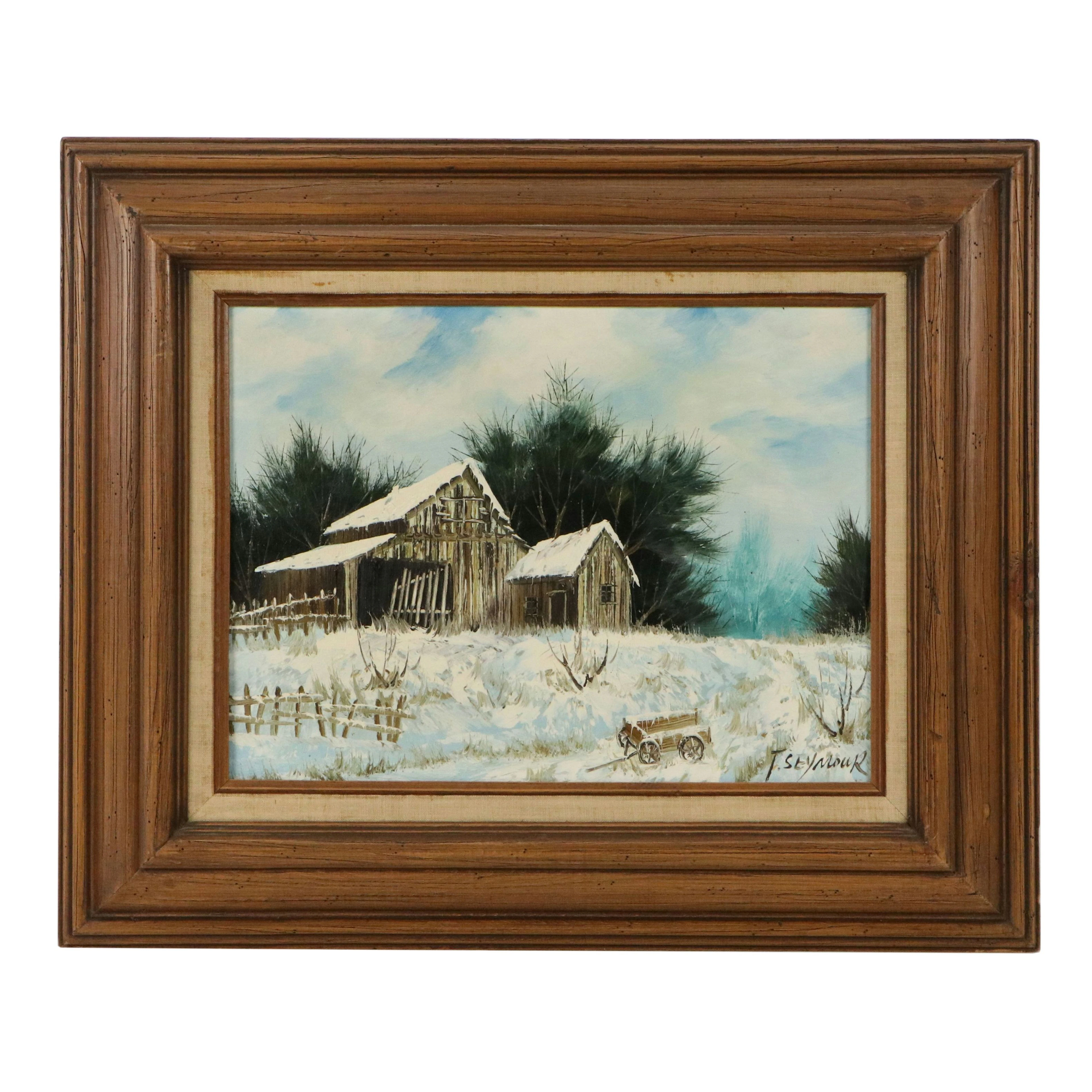 T. Seymour Landscape Oil Painting of Barn in Winter