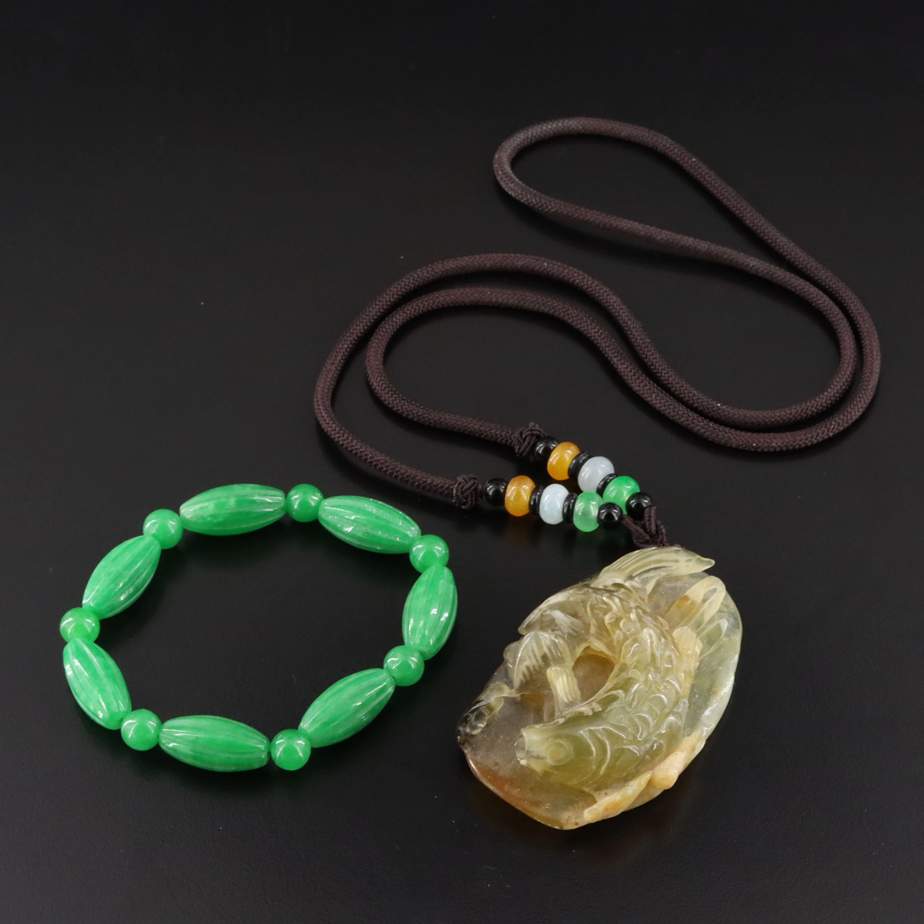 Koi Fish Necklace and Bead Bracelet Featuring Agate and Jadeite