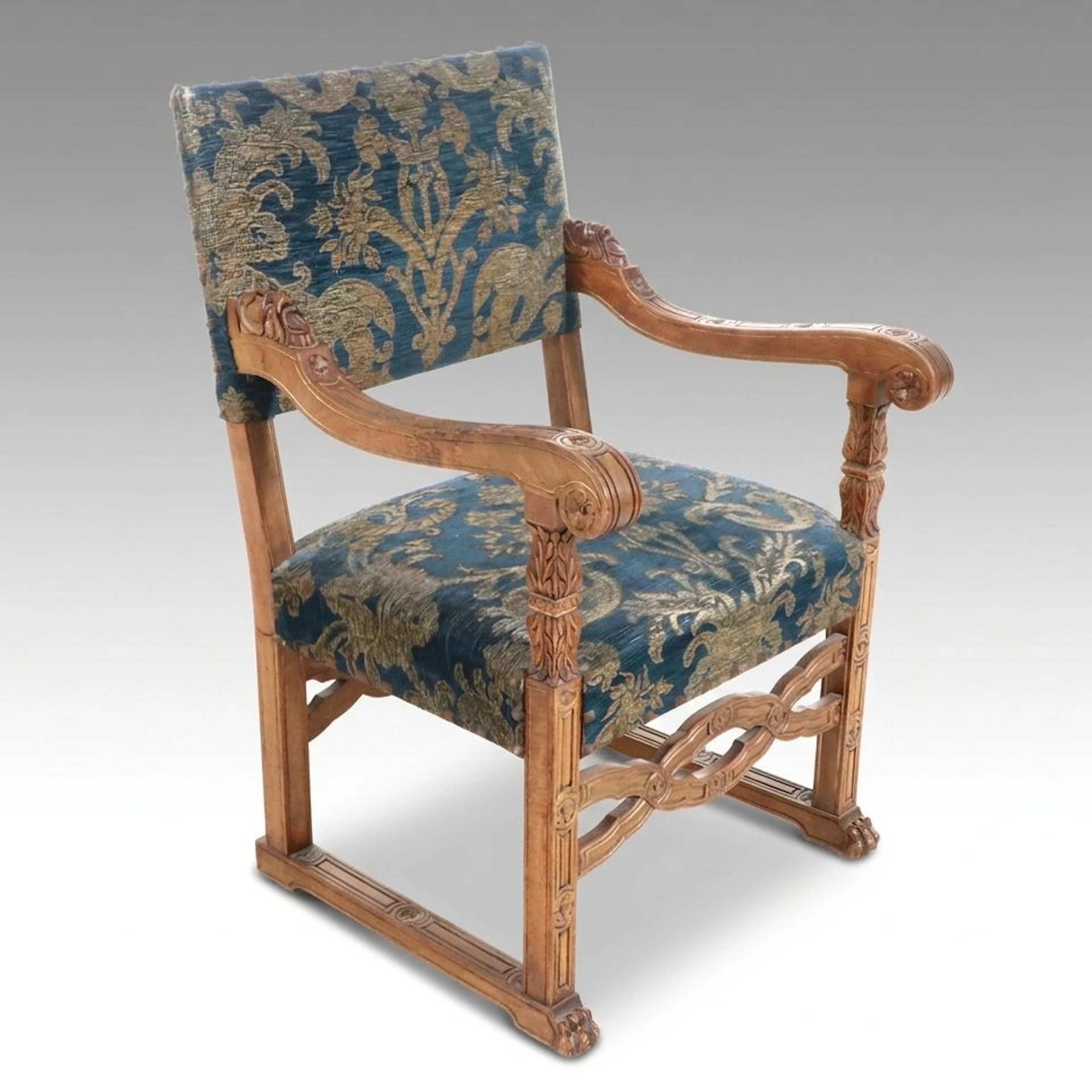 Italian Renaissance Revival Carved Walnut Armchair with Grotesque Mask Details