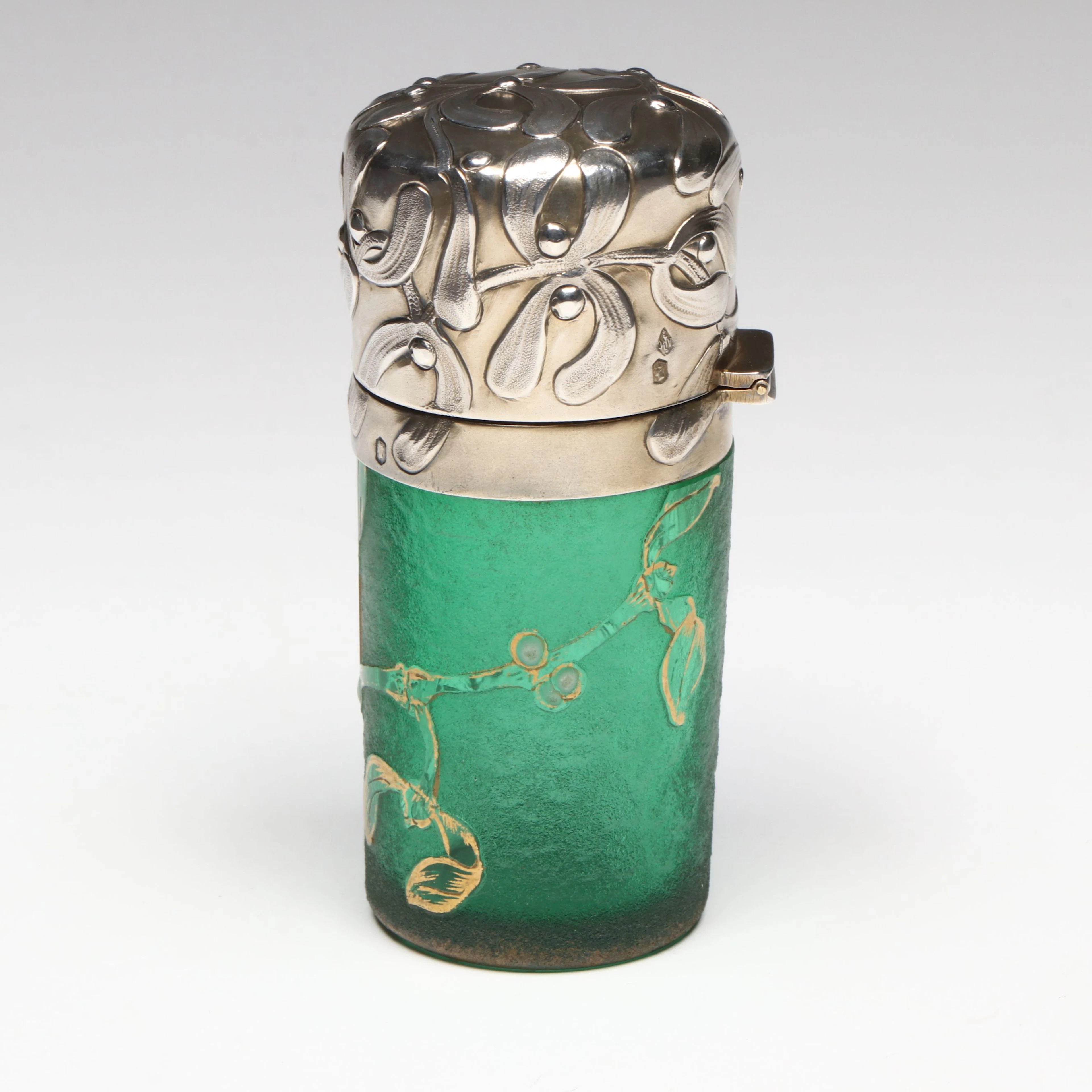 Antique Daum Nancy Gilt Green and Sterling Silver Perfume Bottle