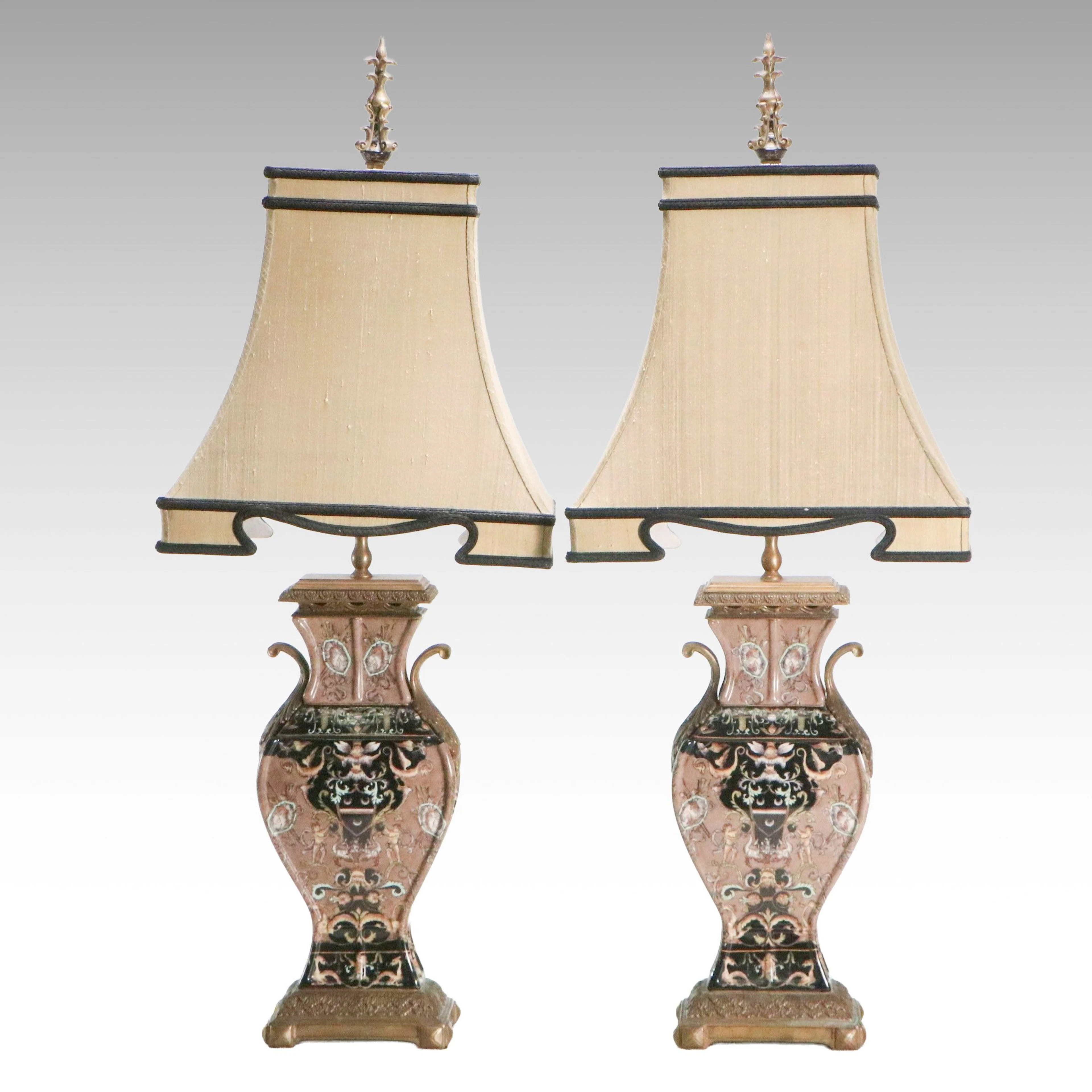 Pair of Imperial Style Porcelain and Metal Table Lamps and Silk Bespoke Shades