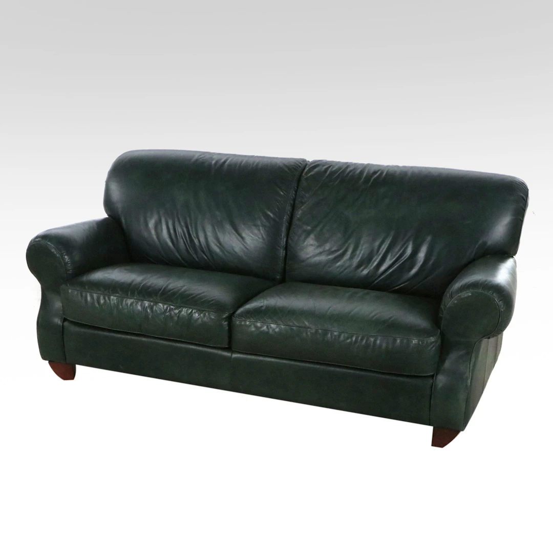 Italian Green Leather Roll-Arm Sofa, Late 20th Century