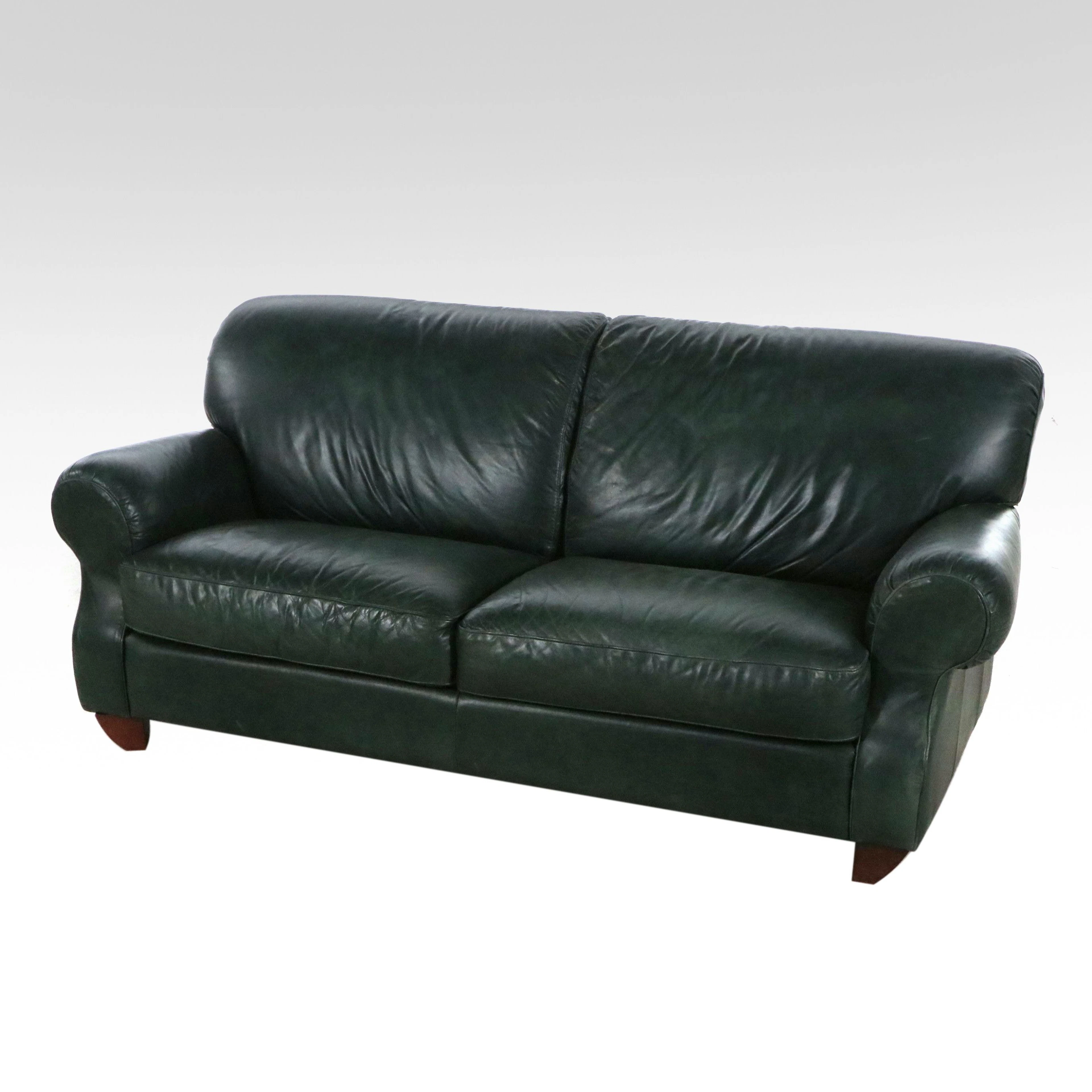 Italian Green Leather Roll-Arm Sofa, Late 20th Century
