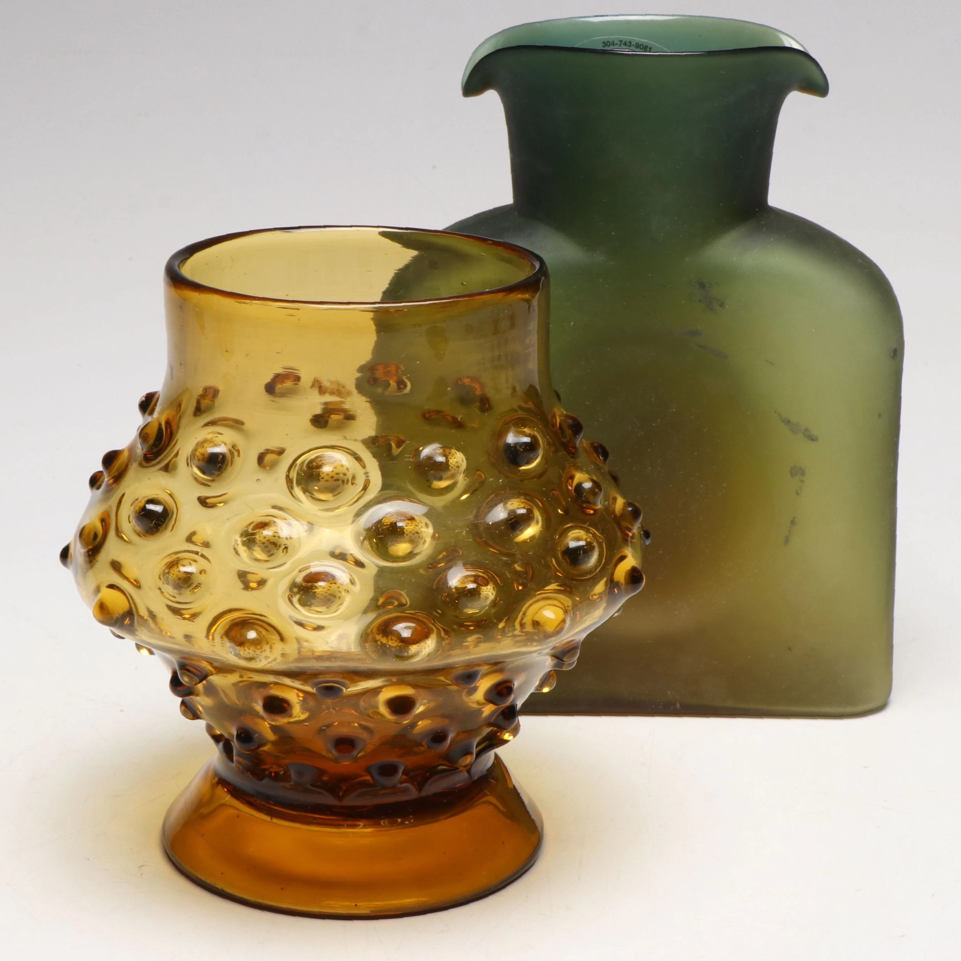 Signed Richard Blenko Frosted Glass Water Bottle with Hobnail Amber Glass Vase
