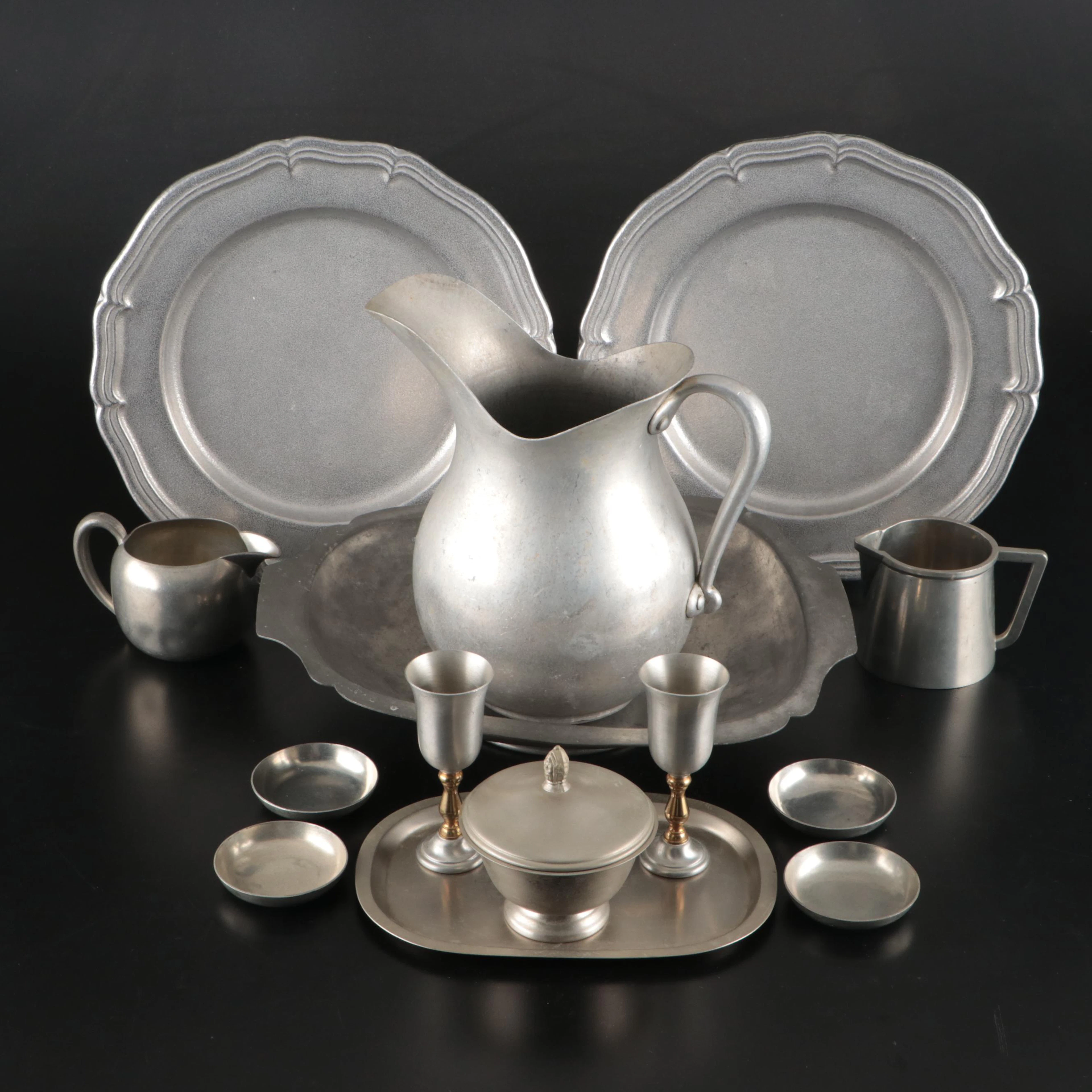 Pewter Pitcher with Creamer and Sugar and Other Metal and Ceramic Tableware