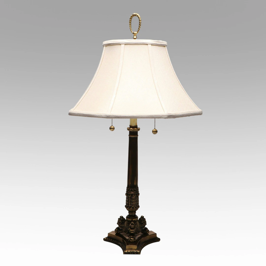 Brass Neoclassical Style Table Lamp with Westwood Bell Shade