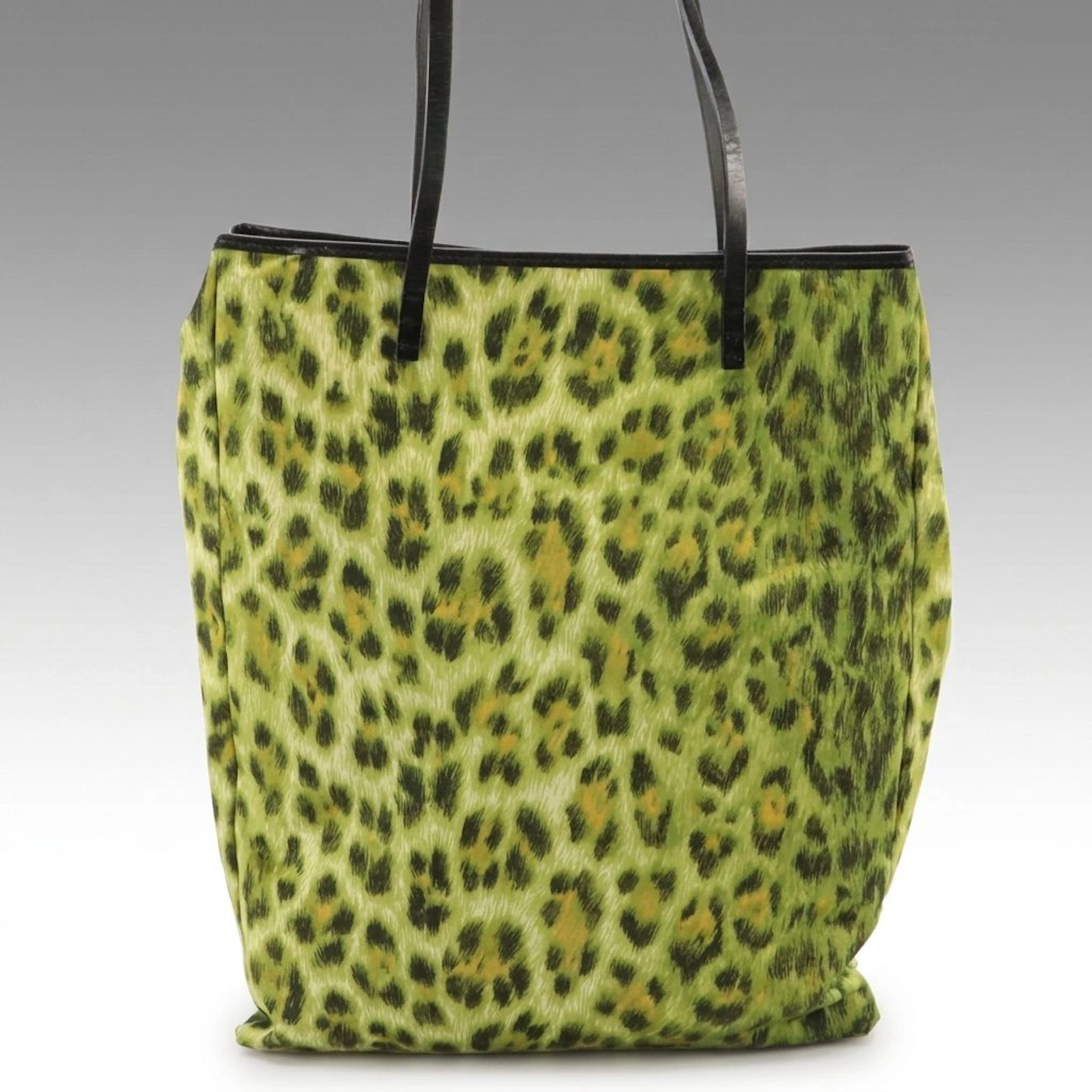 Moschino Green Leopard Printed Fabric Shoulder Tote Bag with Black Leather Trim