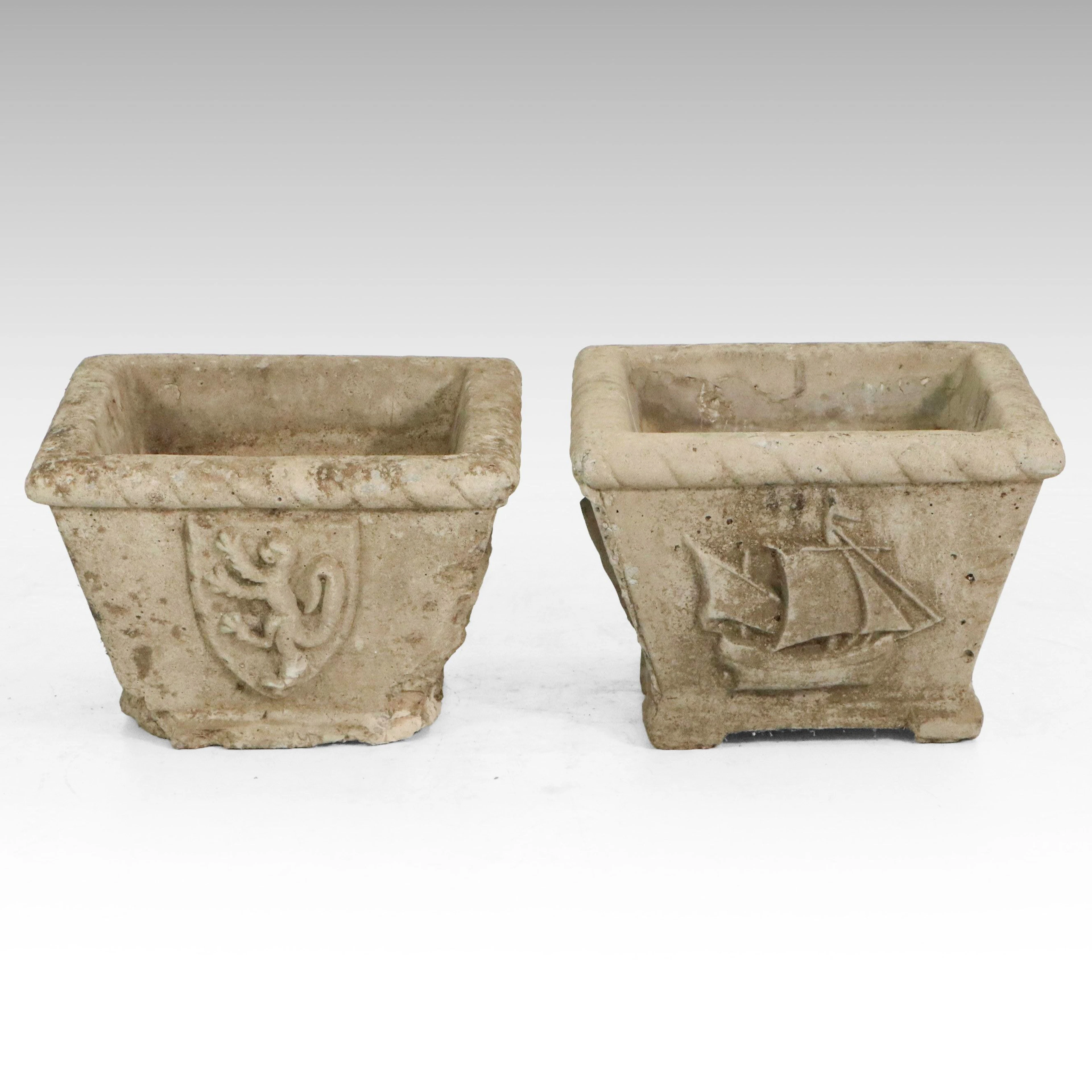 Pair of Cast Concrete Planters with Lion and Ship Reliefs