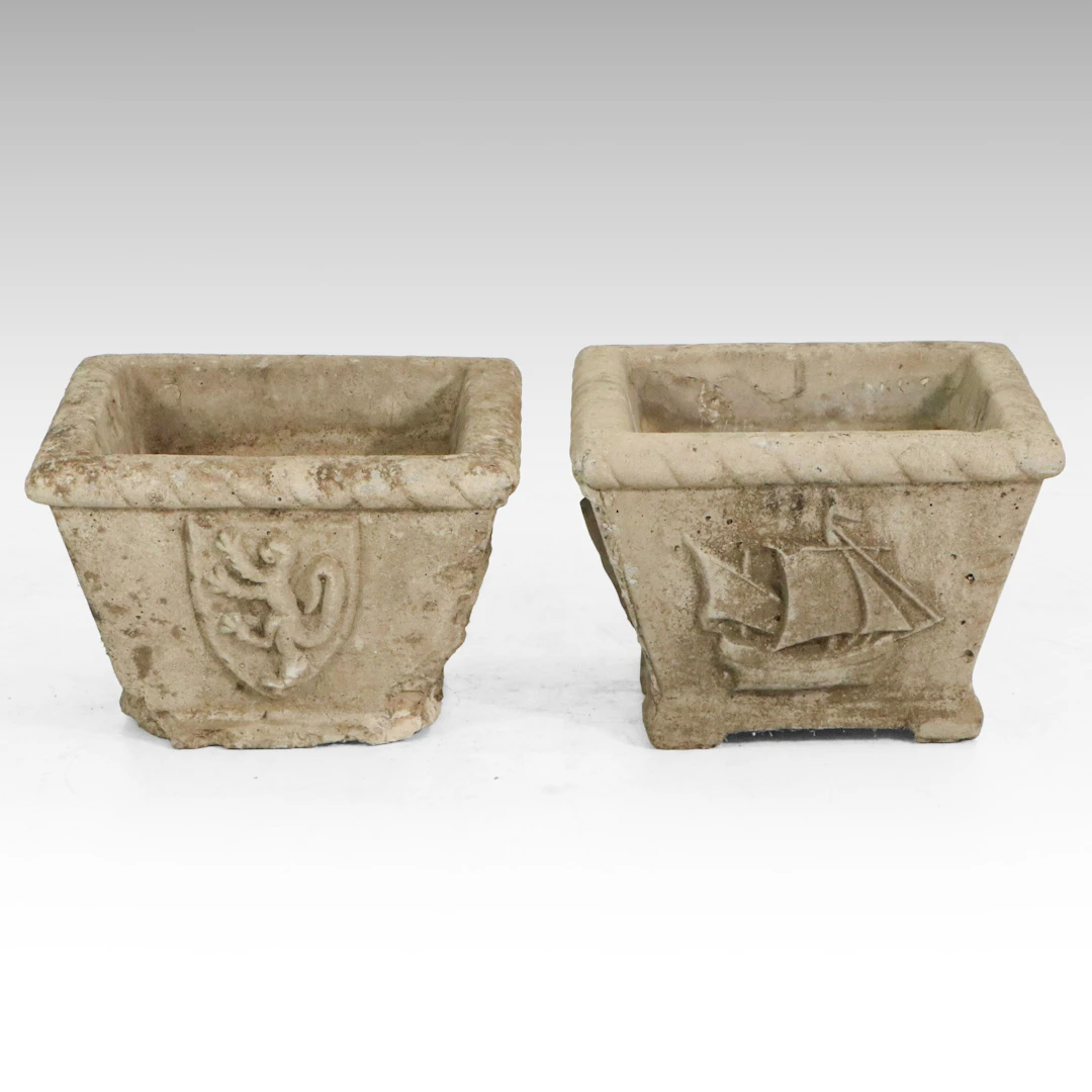 Pair of Cast Concrete Planters with Lion and Ship Reliefs