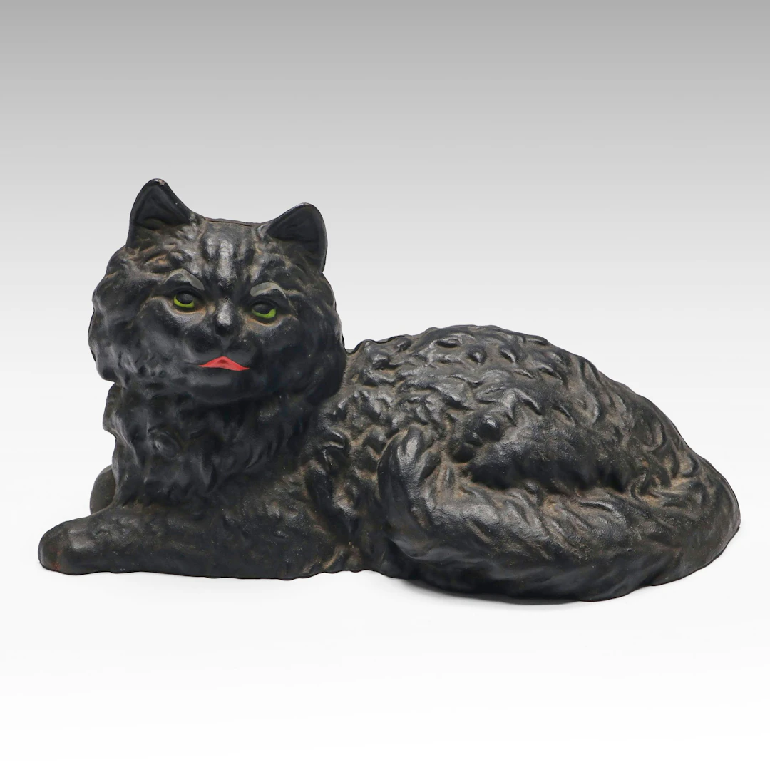 Hubley Style Cold-Painted Cast Iron Black Cat Doorstop, 1940s