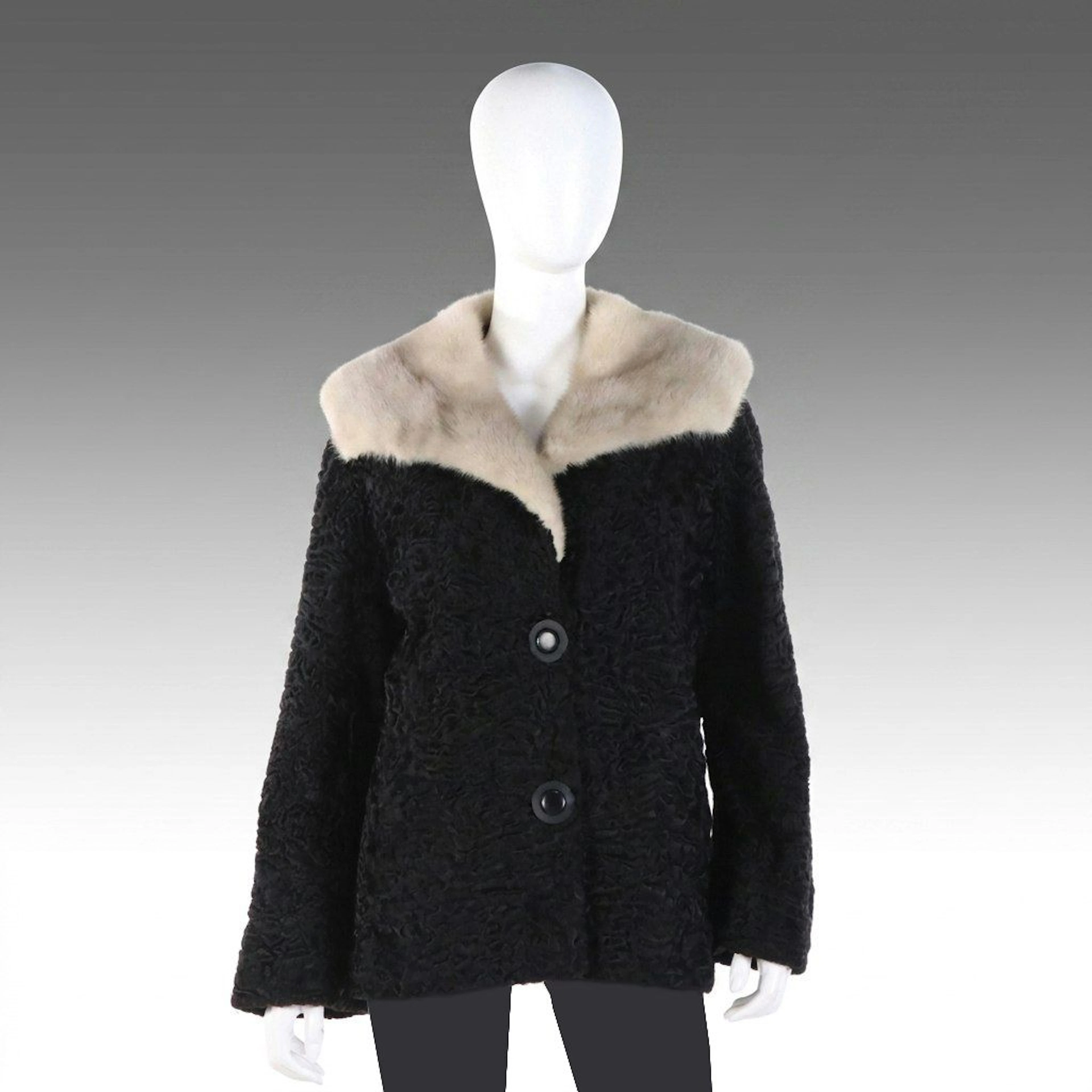 Persian Lamb Fur Swing Jacket with Sapphire Mink Fur Collar, Vintage