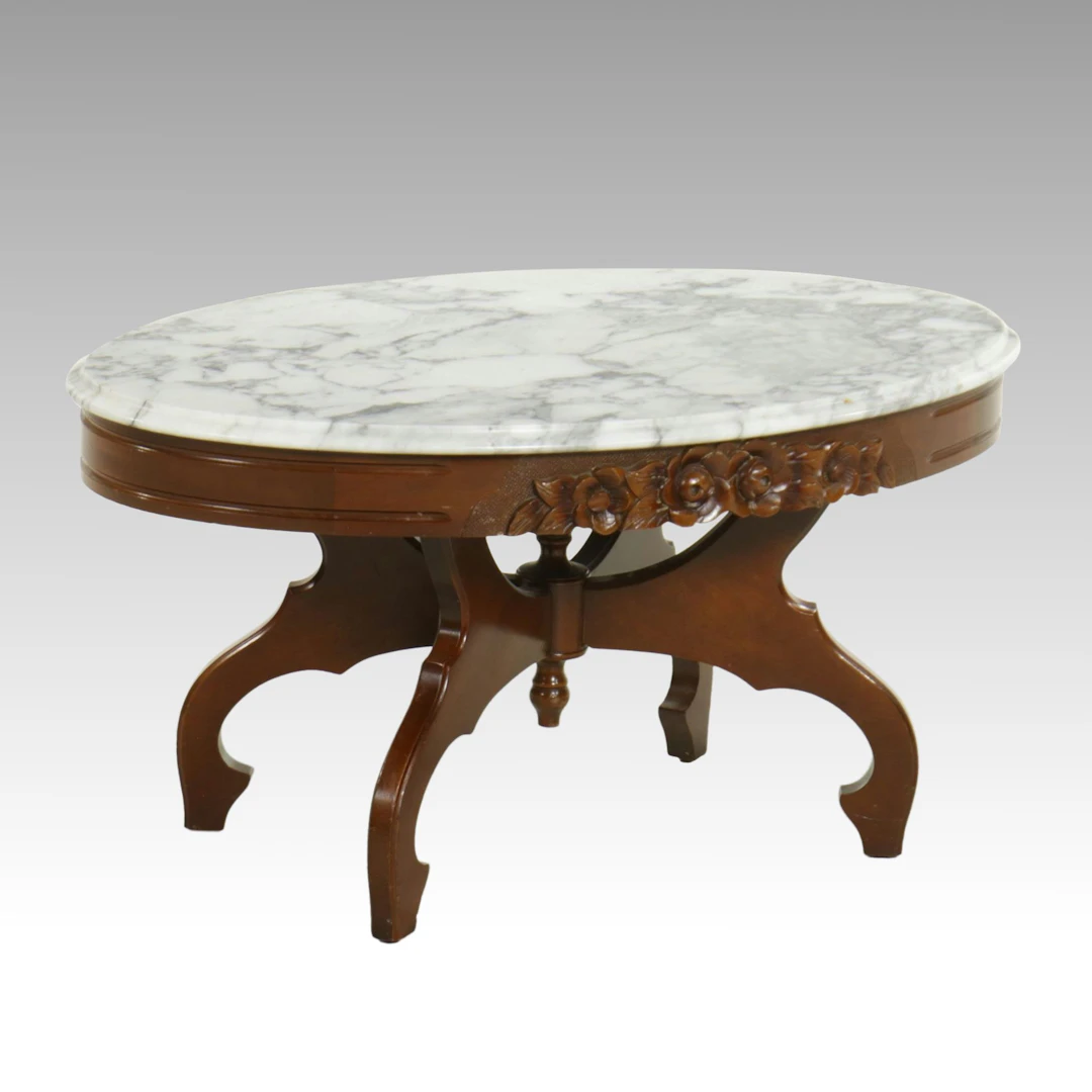 "By Victorian" Rococo Revival Style Mahogany and Marble-Top Coffee Table