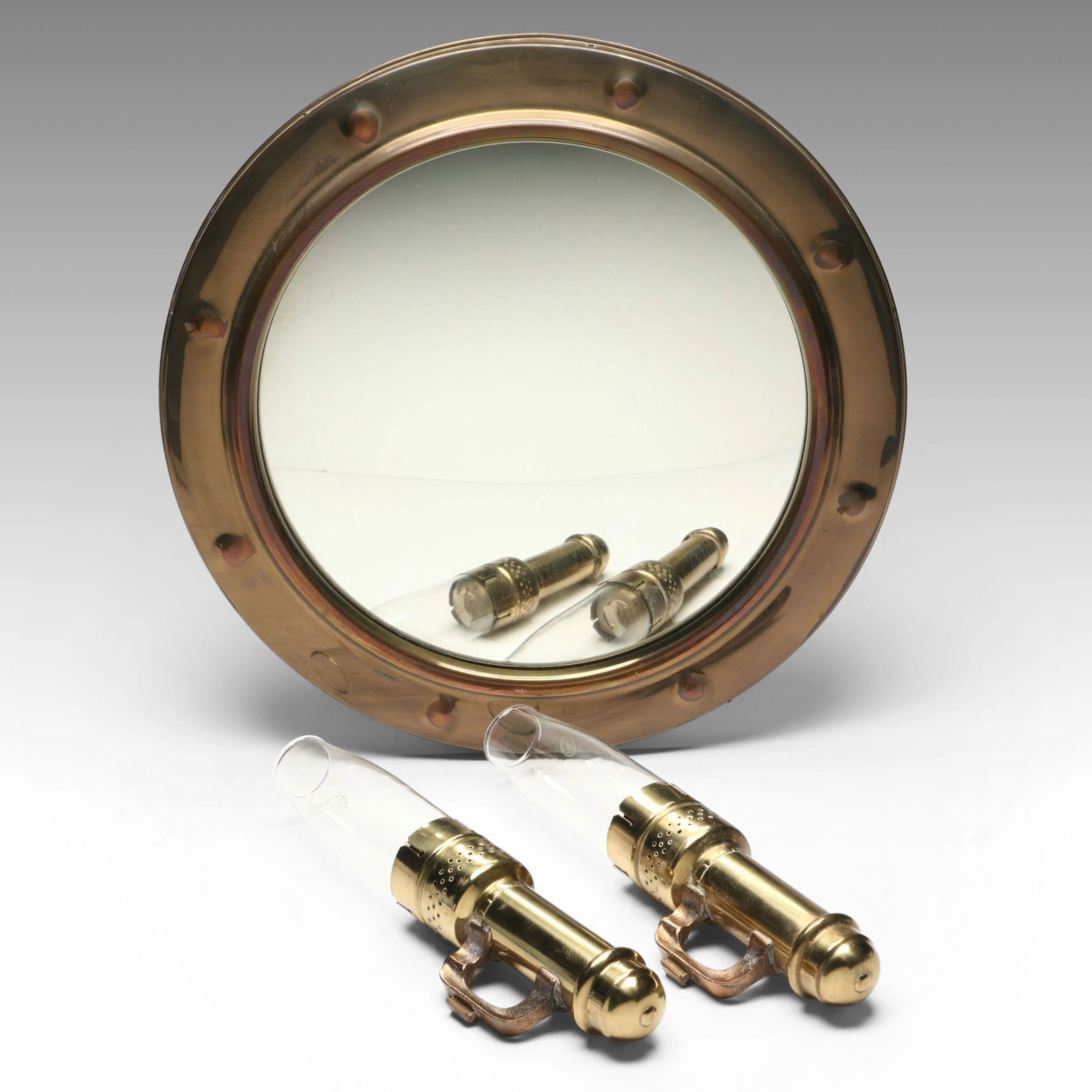 Nautical Porthole Wall Mirror with Brass Finish Railroad Candle Lamps