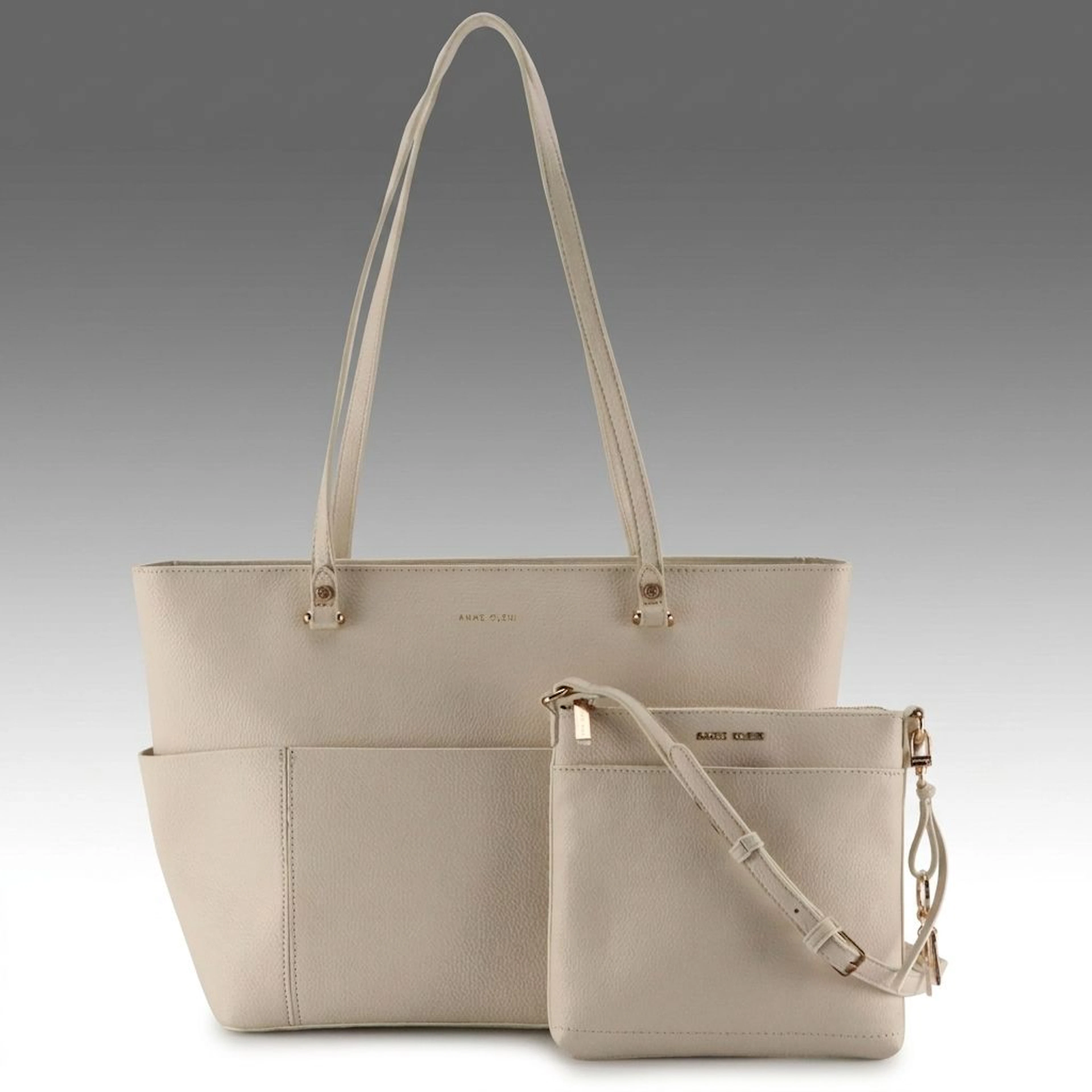 Anne Klein Zip Tote Bag and Crossbody Bag in White Grained Faux Leather