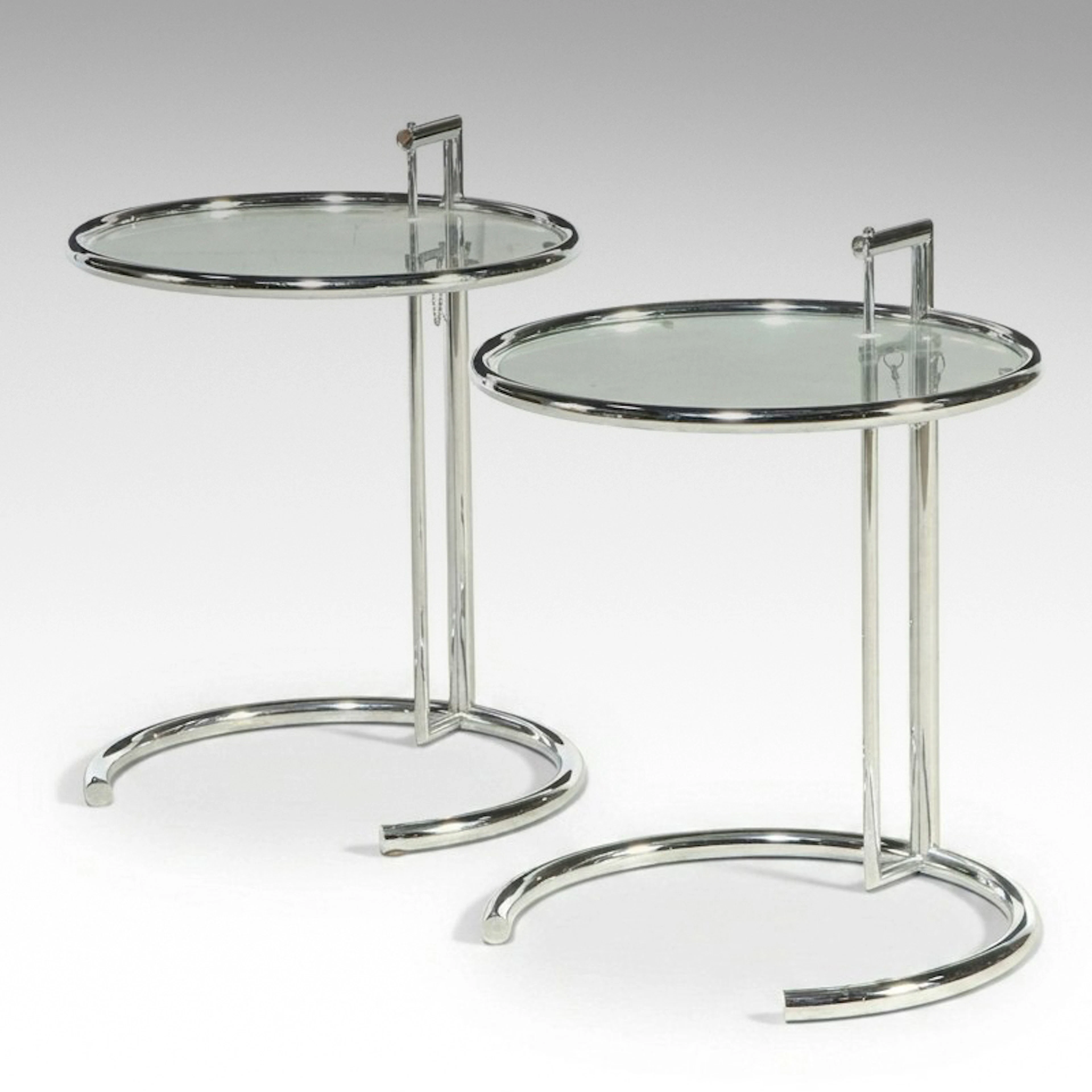 Pair of Eileen Gray Style Adjustable Chrome and Glass Side Tables