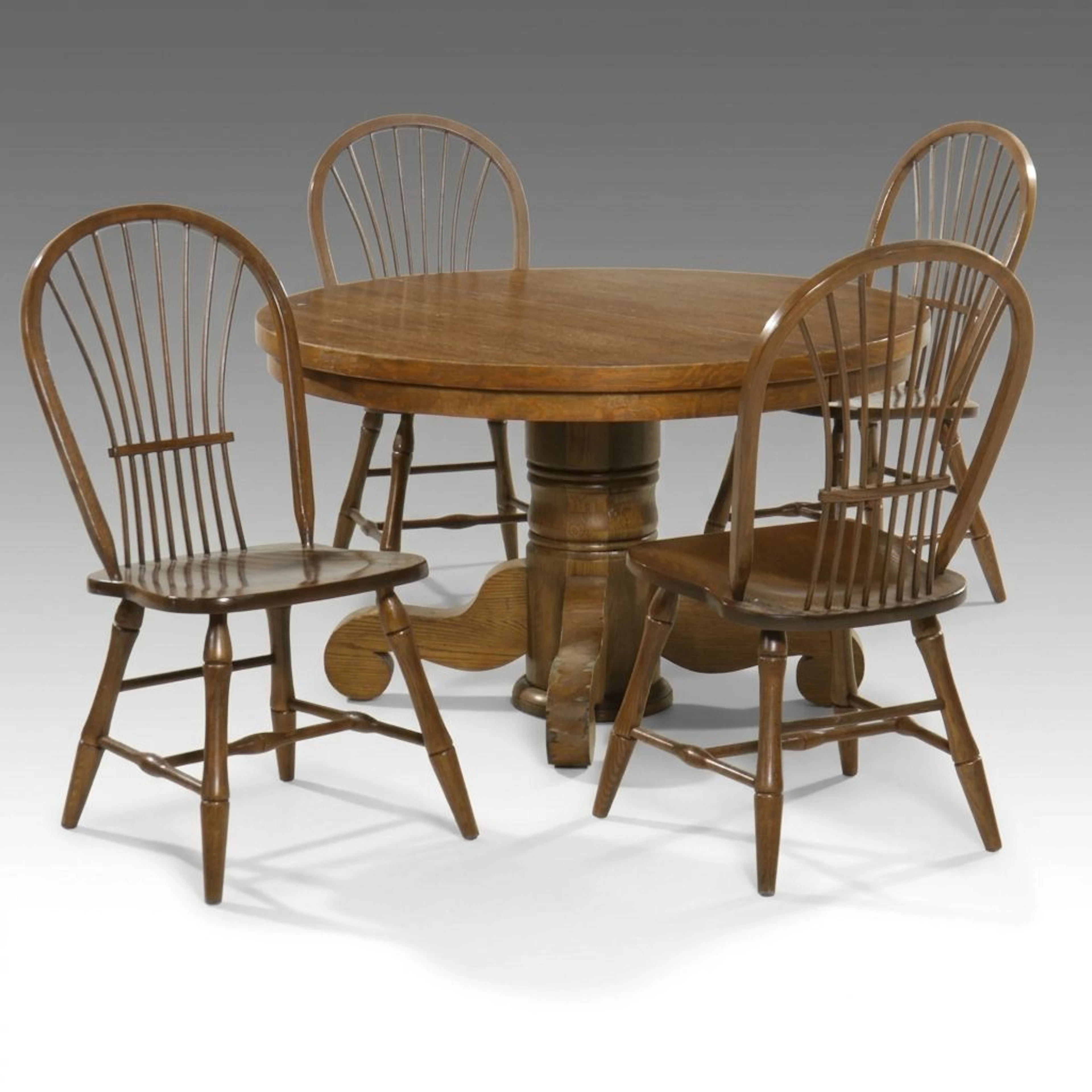 Empire Style Mahogany Pedestal Diningn Table with Four Amish Oak Windsor Chairs