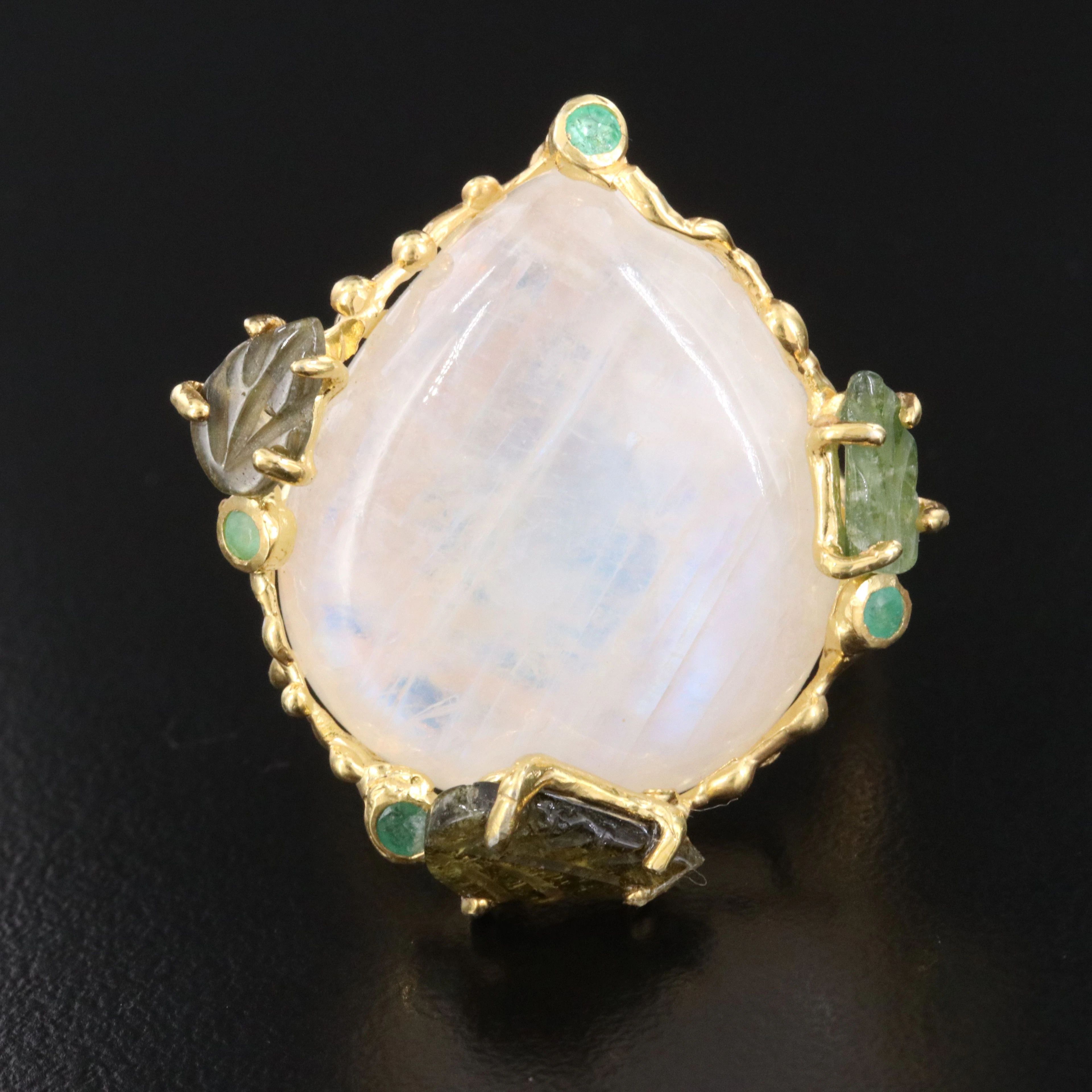 Sterling Gold Tone Moonstone Ring with Tourmaline and Tsavorite Accents