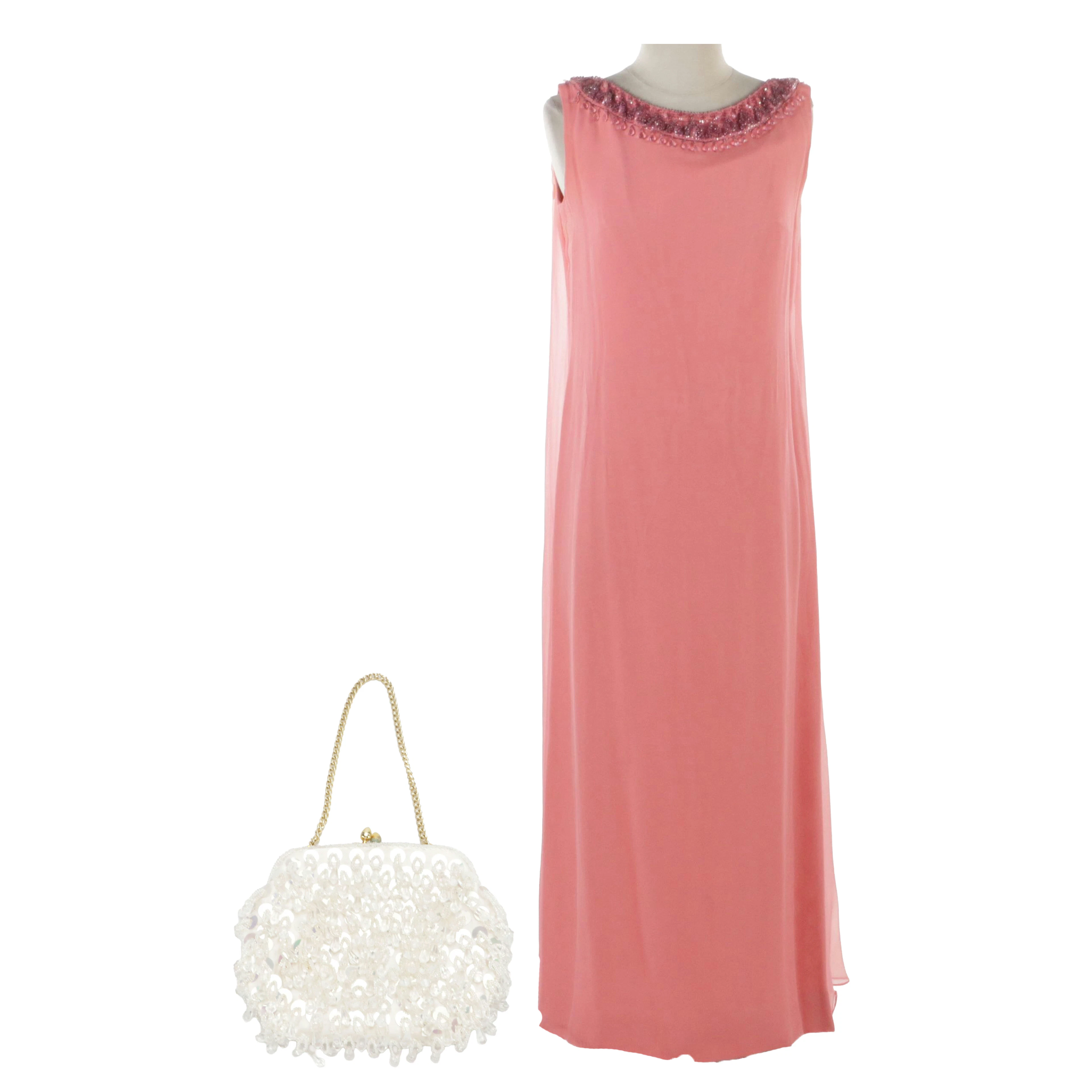 Pink Flowy Beaded Neckline Sleeveless Maxi Dress W/ Other Beaded Framed Handbag