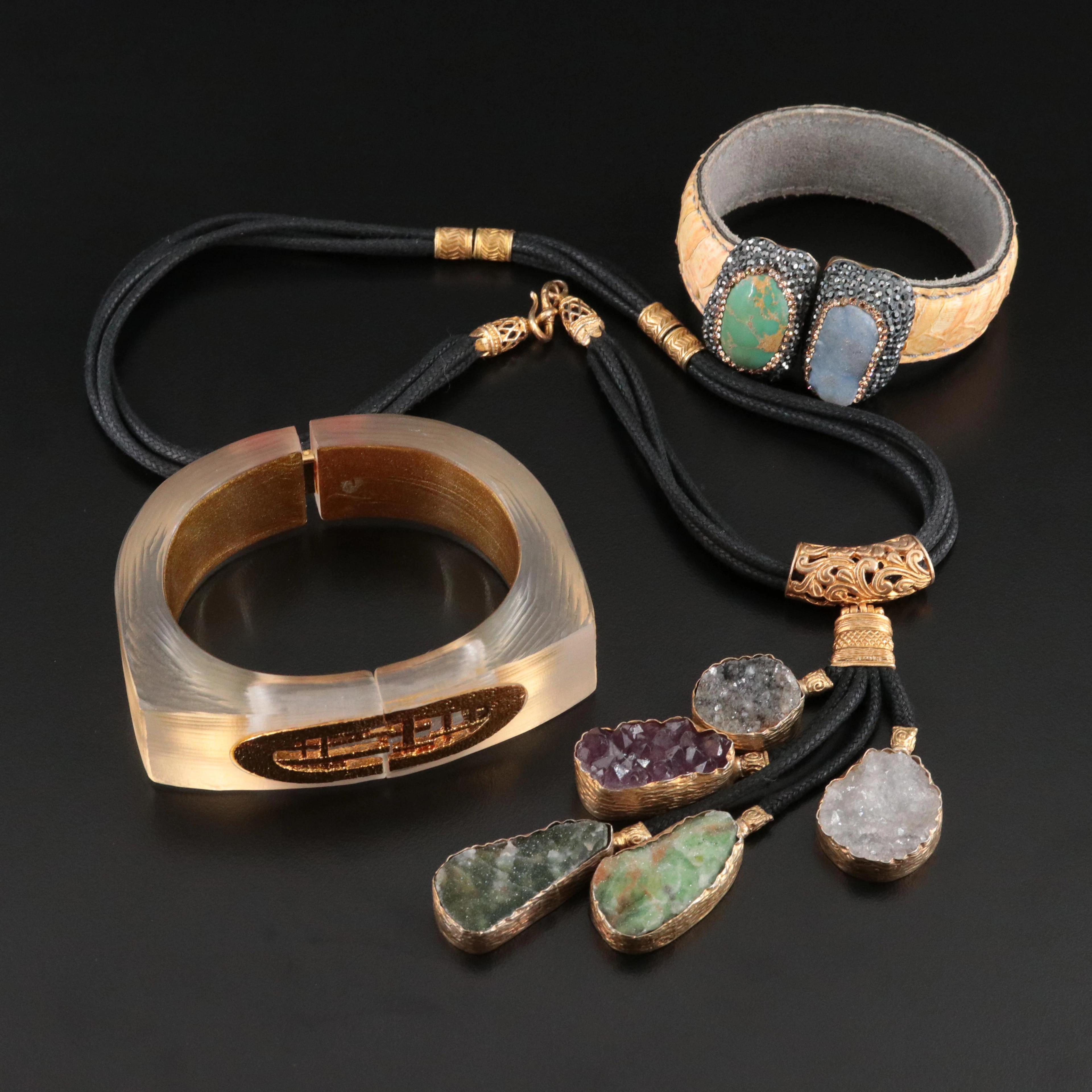 Jewelry Lot Including Alexis Bittar Lucite Cuff and Druzy Necklace