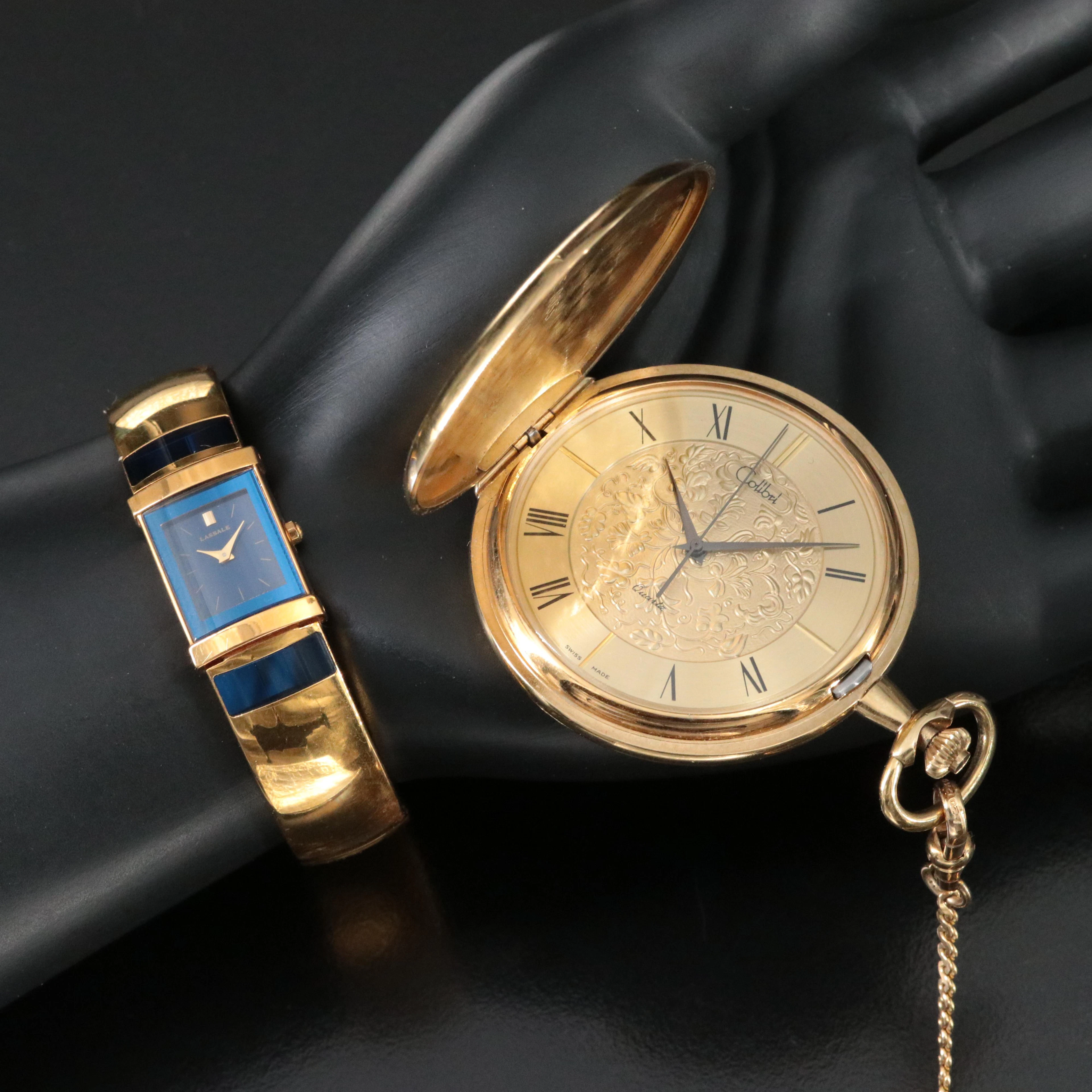 Lassale Sapphire Blue Quartz Bangle Watch and Colibri Pocket Watch with Fob