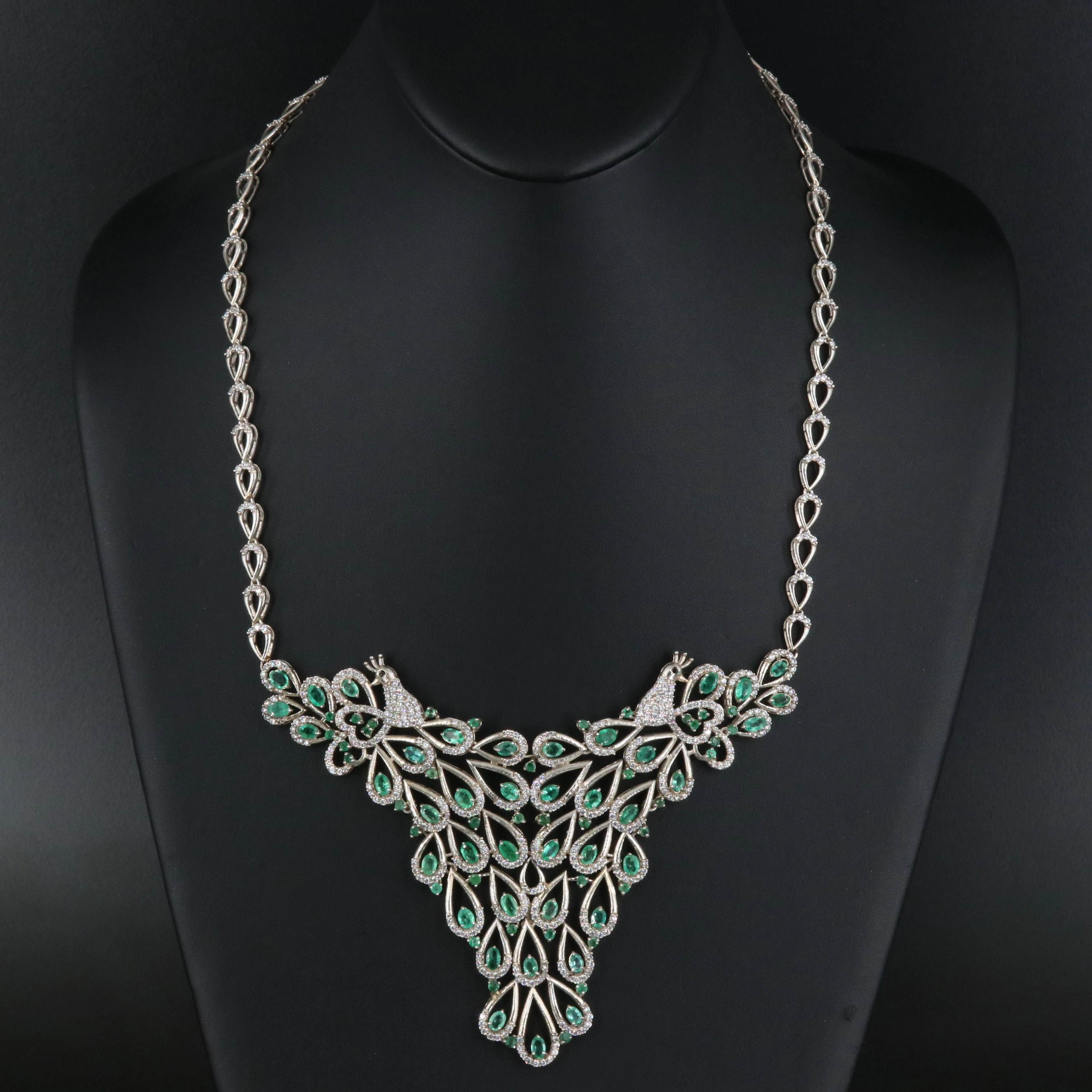 Sterling Emerald and CZ Peacock Bib Necklace
