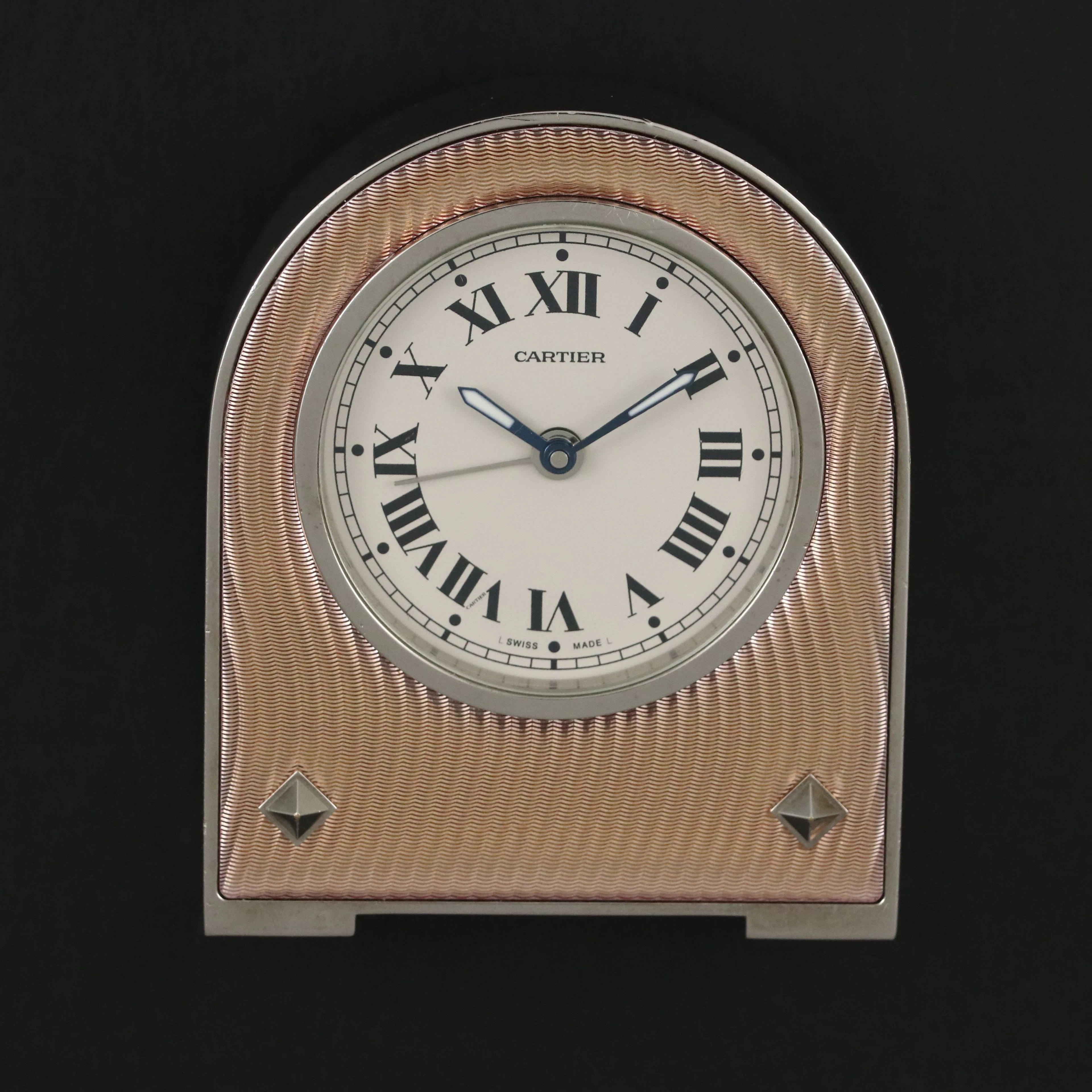 Cartier Stainless and Light Pink Enamel Arched Desk Clock