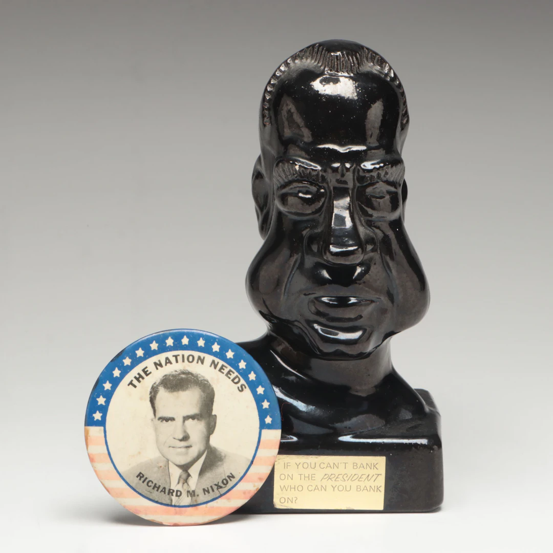 Creative Products Presidential Caricature Ceramic Bank with Nixon Pinback