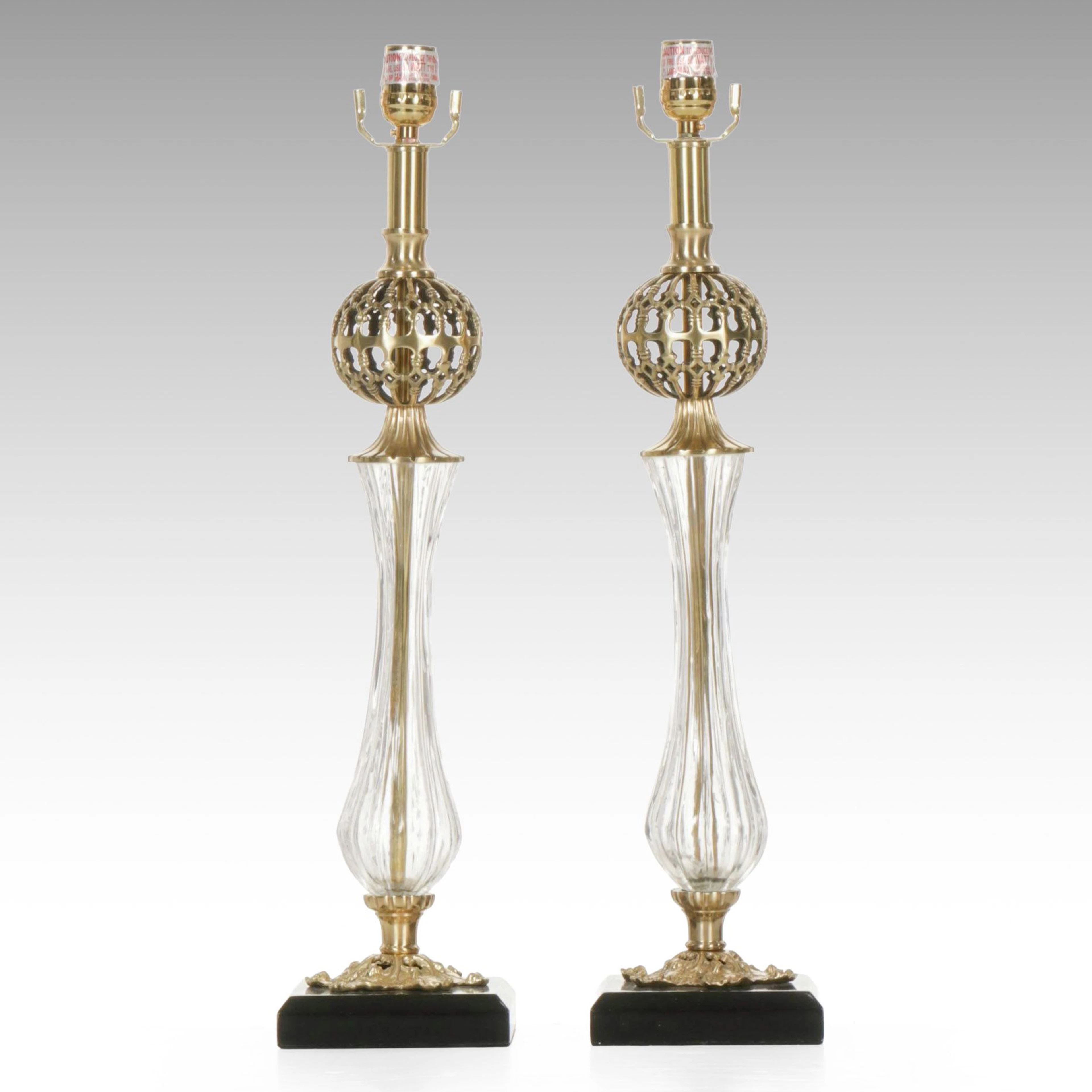 Pair of Hollywood Regency Style Brass and Glass Table Lamps