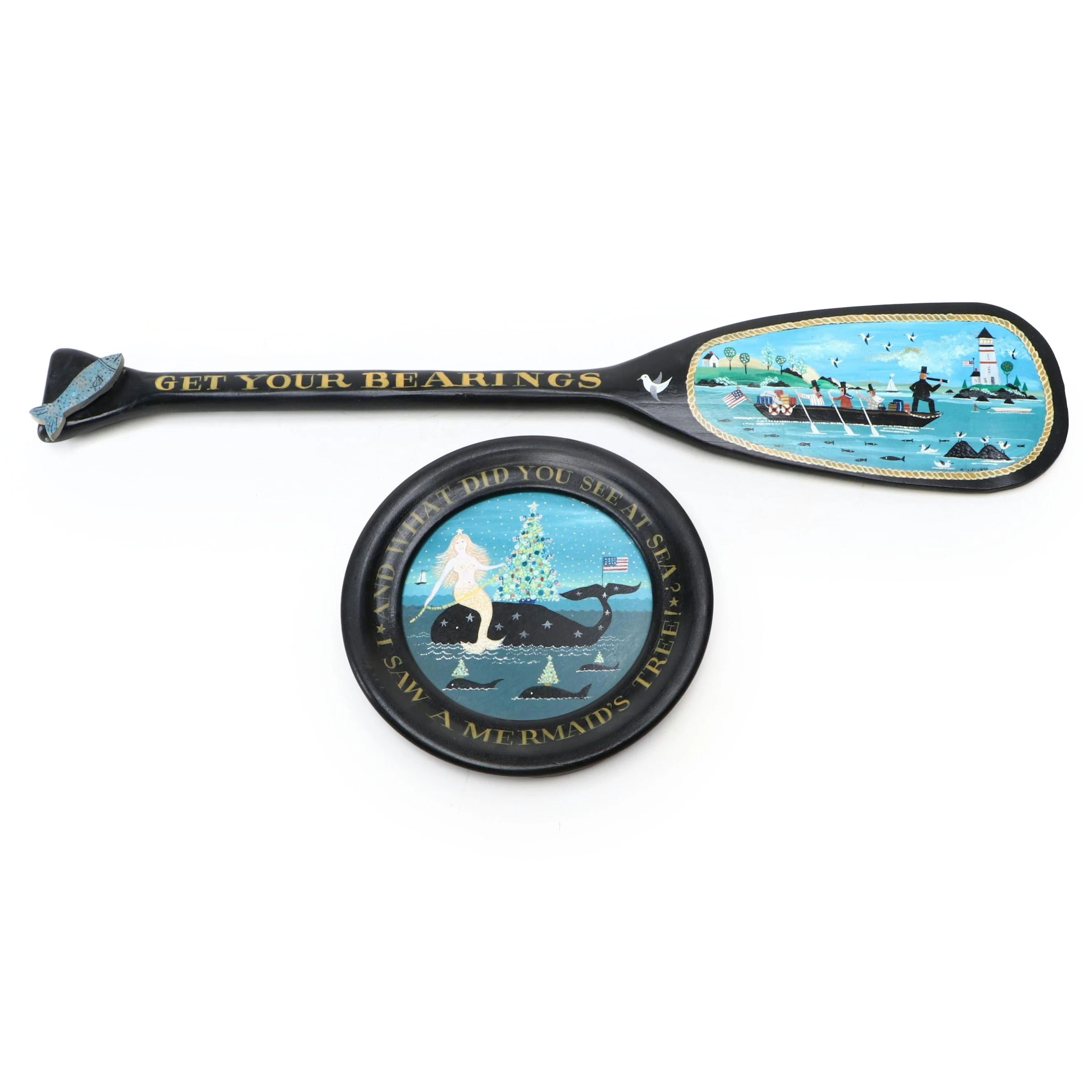Nautical Folk Art Painted Carved Wood Paddle and Wall Plate