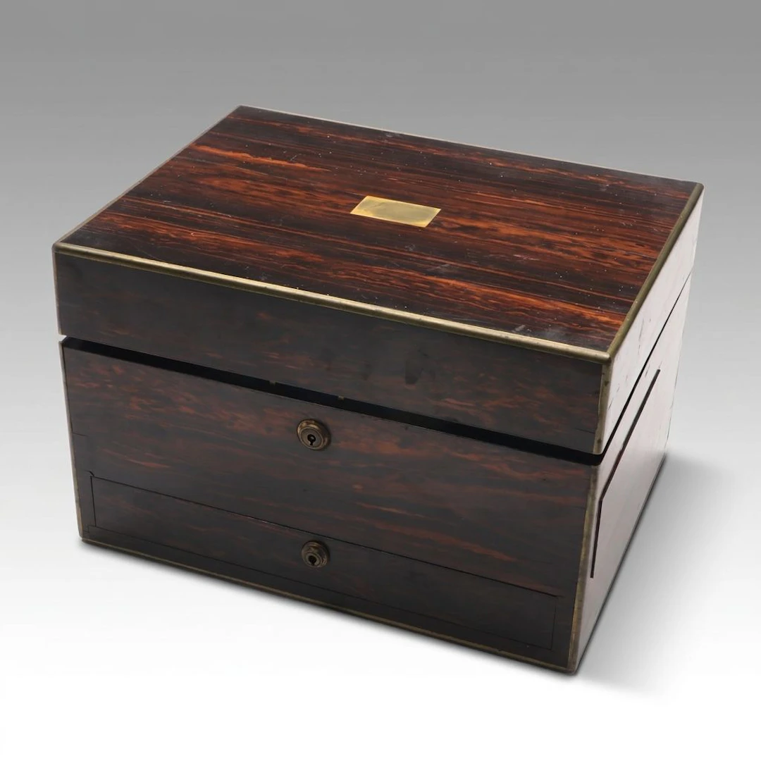 Ortner & Houle Victorian English Veneered Vanity Box with Gilt Sterling Jars