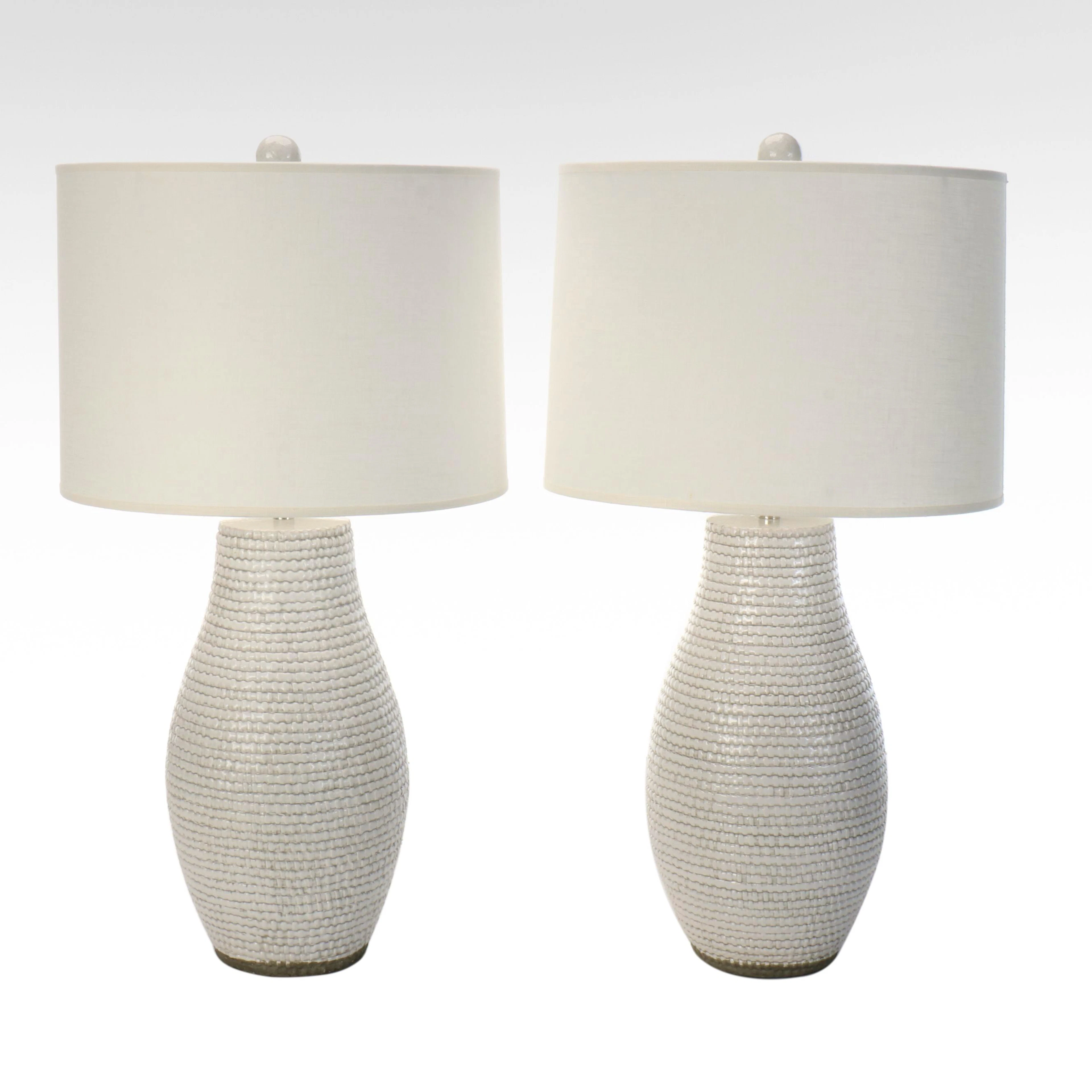 Pair of Modernist White Banded Table Lamps with Drum Shades, 2017