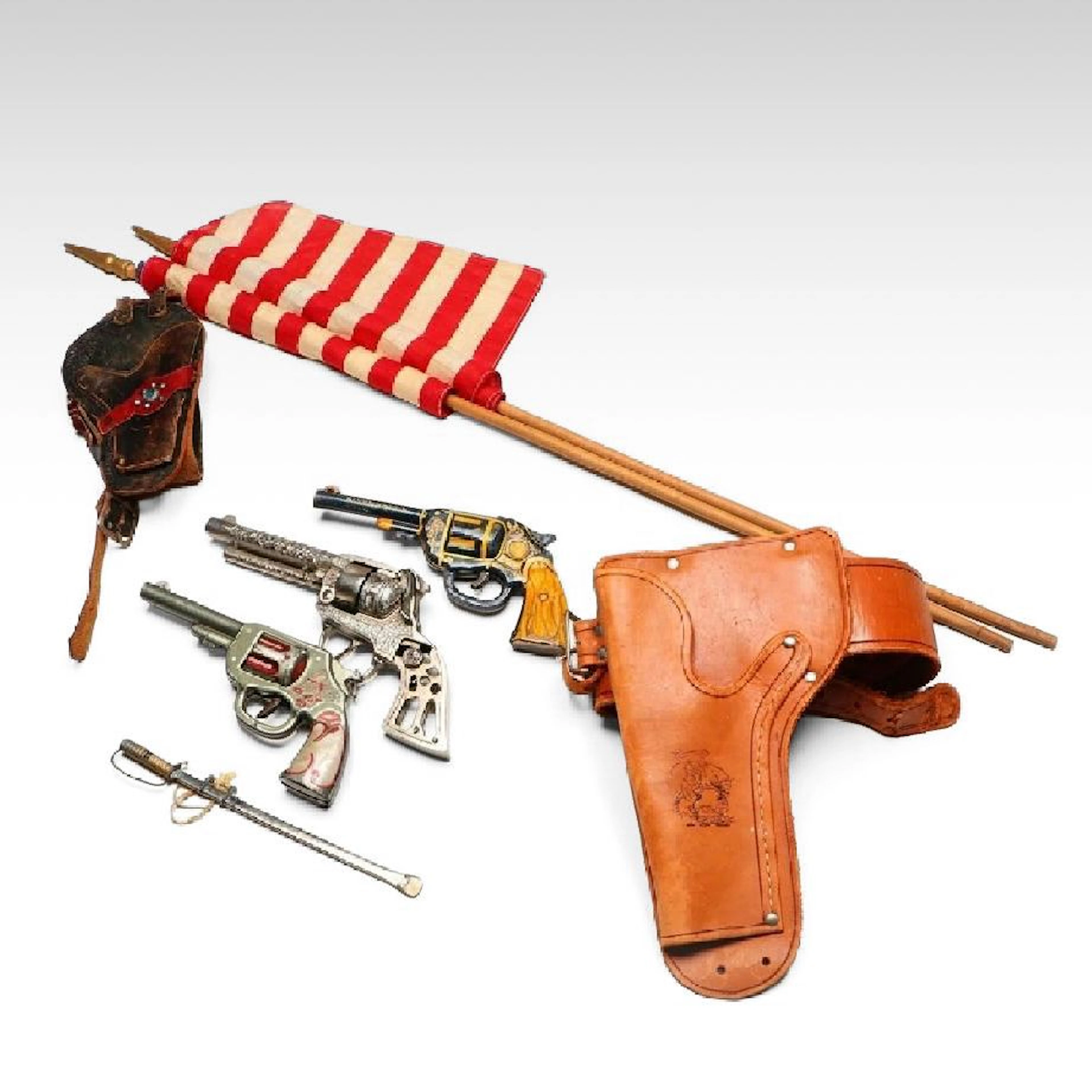 Wyandotte Red Ranger Cap Gun with Leather Holster and More Vintage Toy Pistols