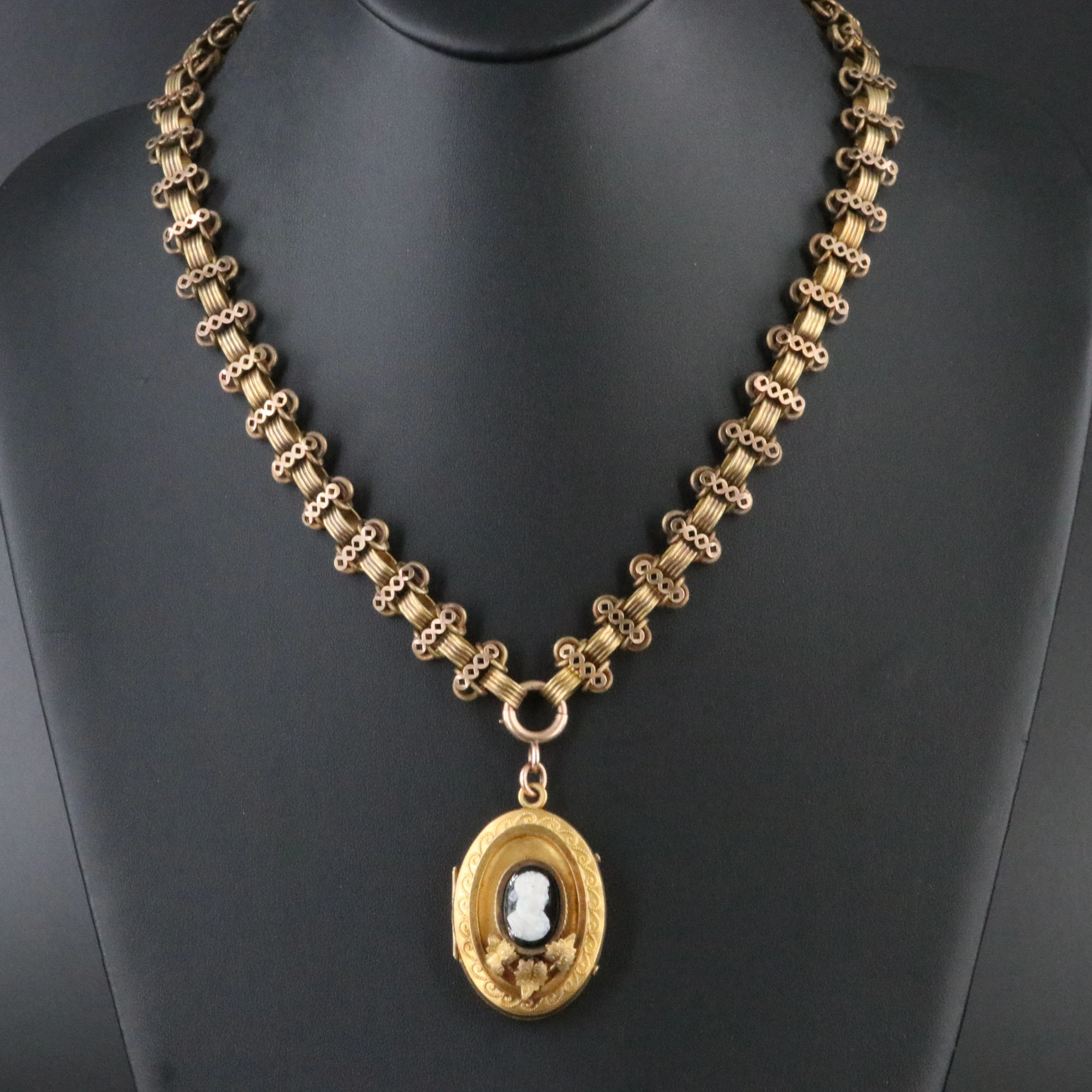 Victorian Onyx Cameo Locket Bookchain Necklace