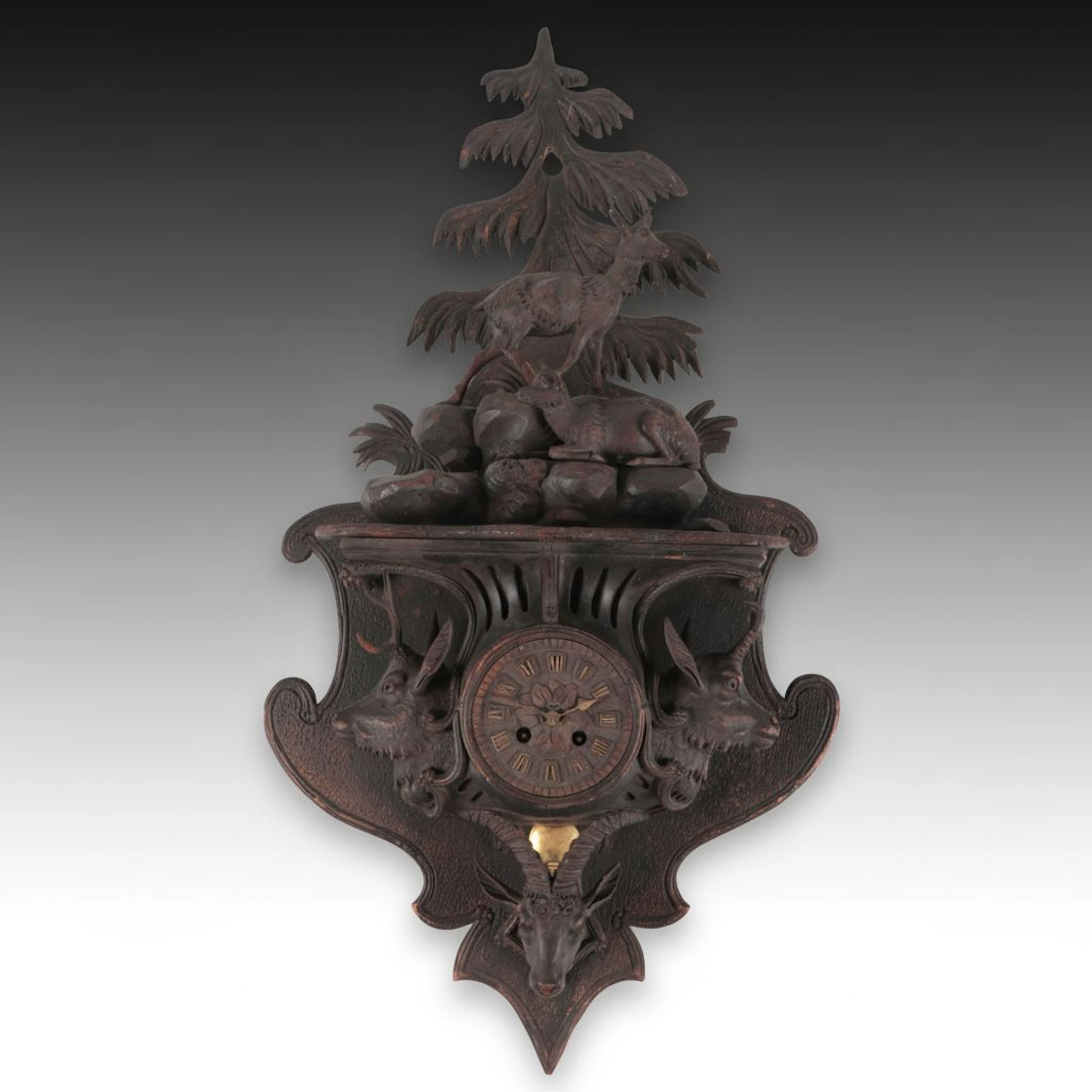 Black Forest "Alpine Wildlife" Carved Wood Wall Clock, Late 19th Century