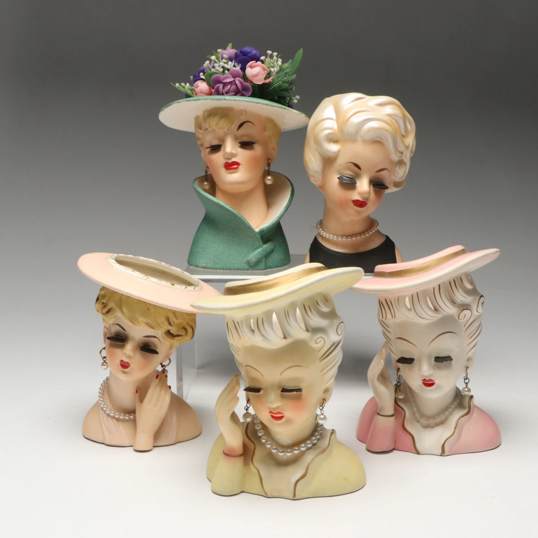 Lefton with Other Ceramic Lady Head Vases, Mid-20th Century