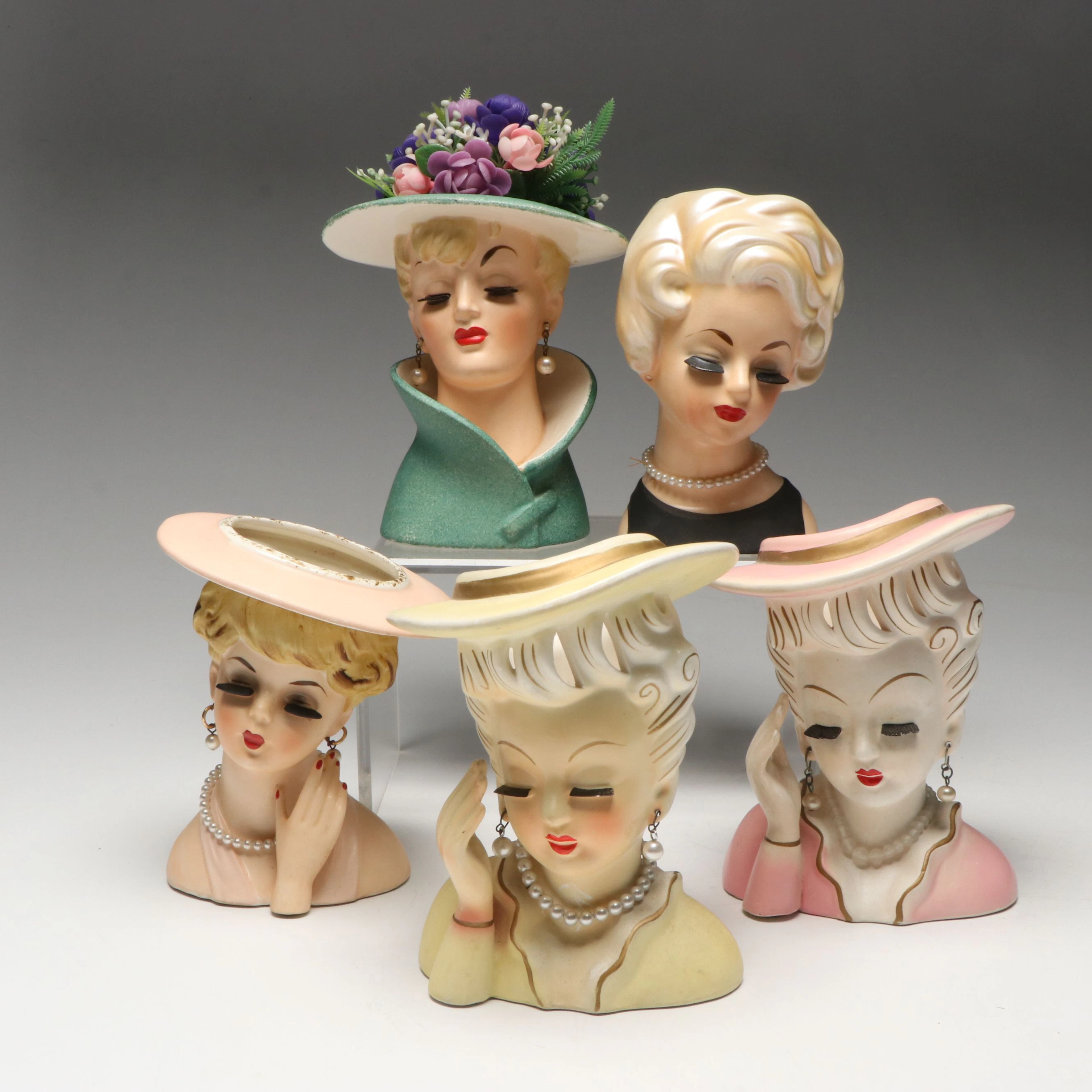 Lefton with Other Ceramic Lady Head Vases, Mid-20th Century