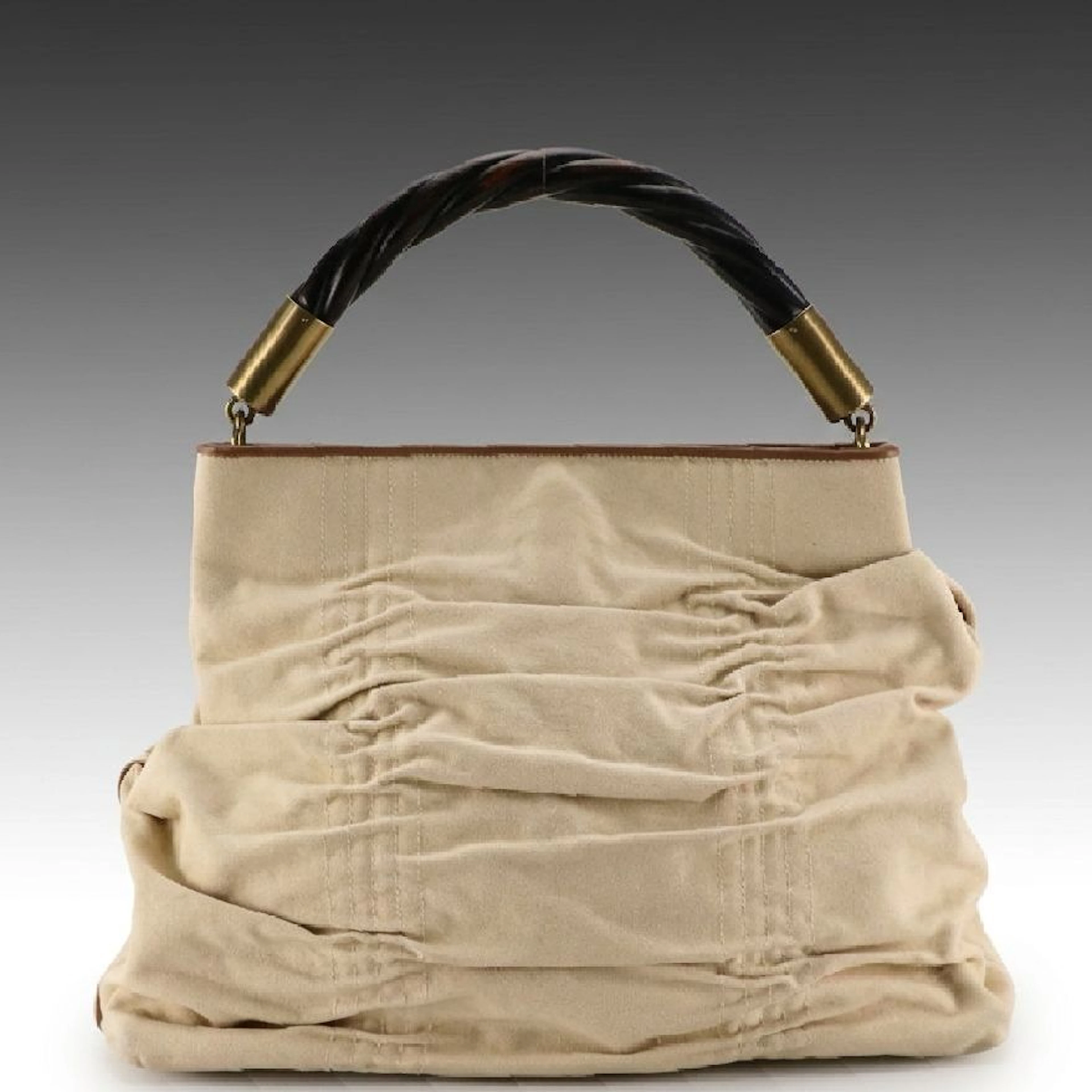 Gucci by Tom Ford Ruched Canvas and Leather Twisted Wood Top-Handle Tote Bag
