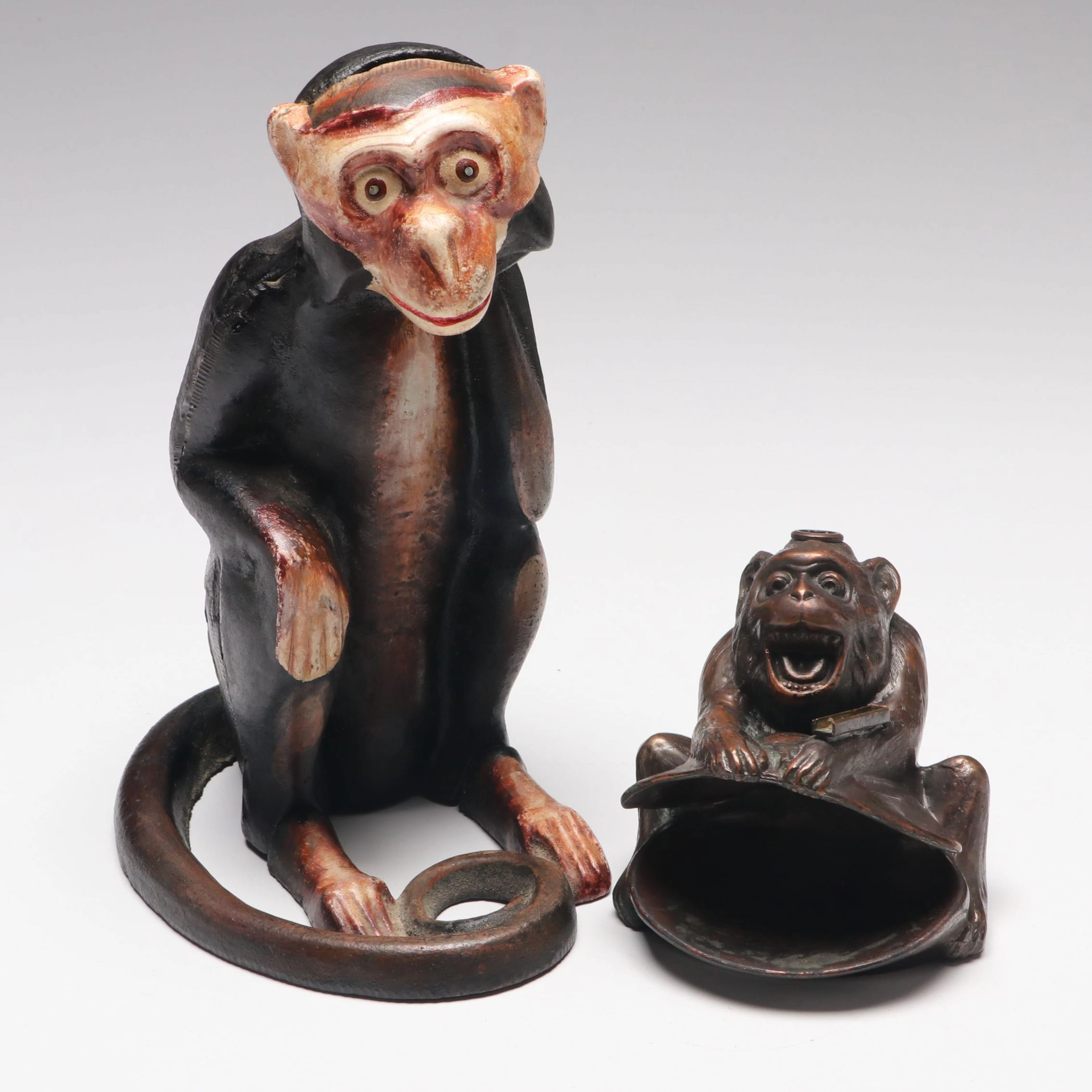 Ronson Brass Monkey Lighter and Ashtray with Monkey Coin Bank, Vintage