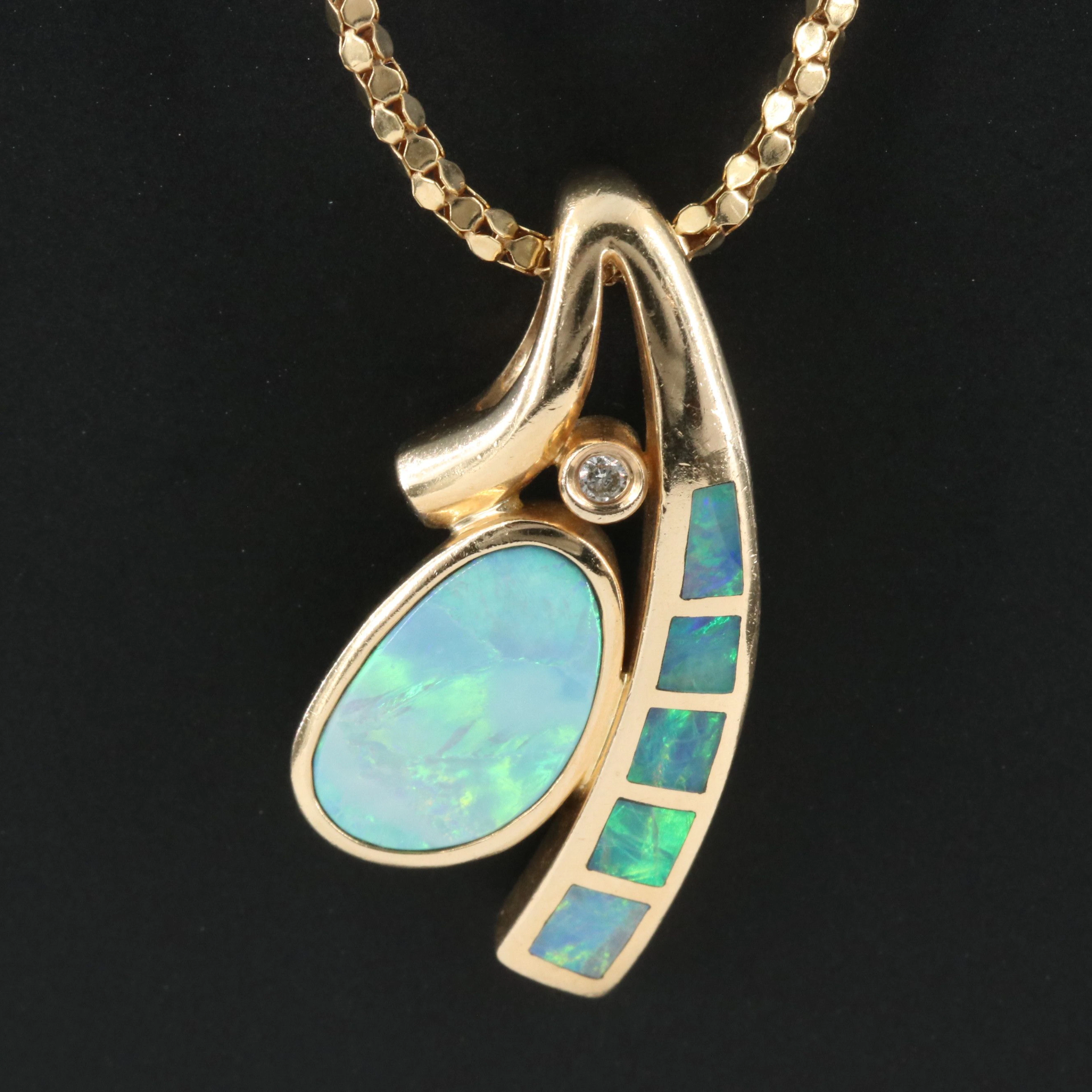 14K Opal and Diamond Pendant on a Fancy Link Chain