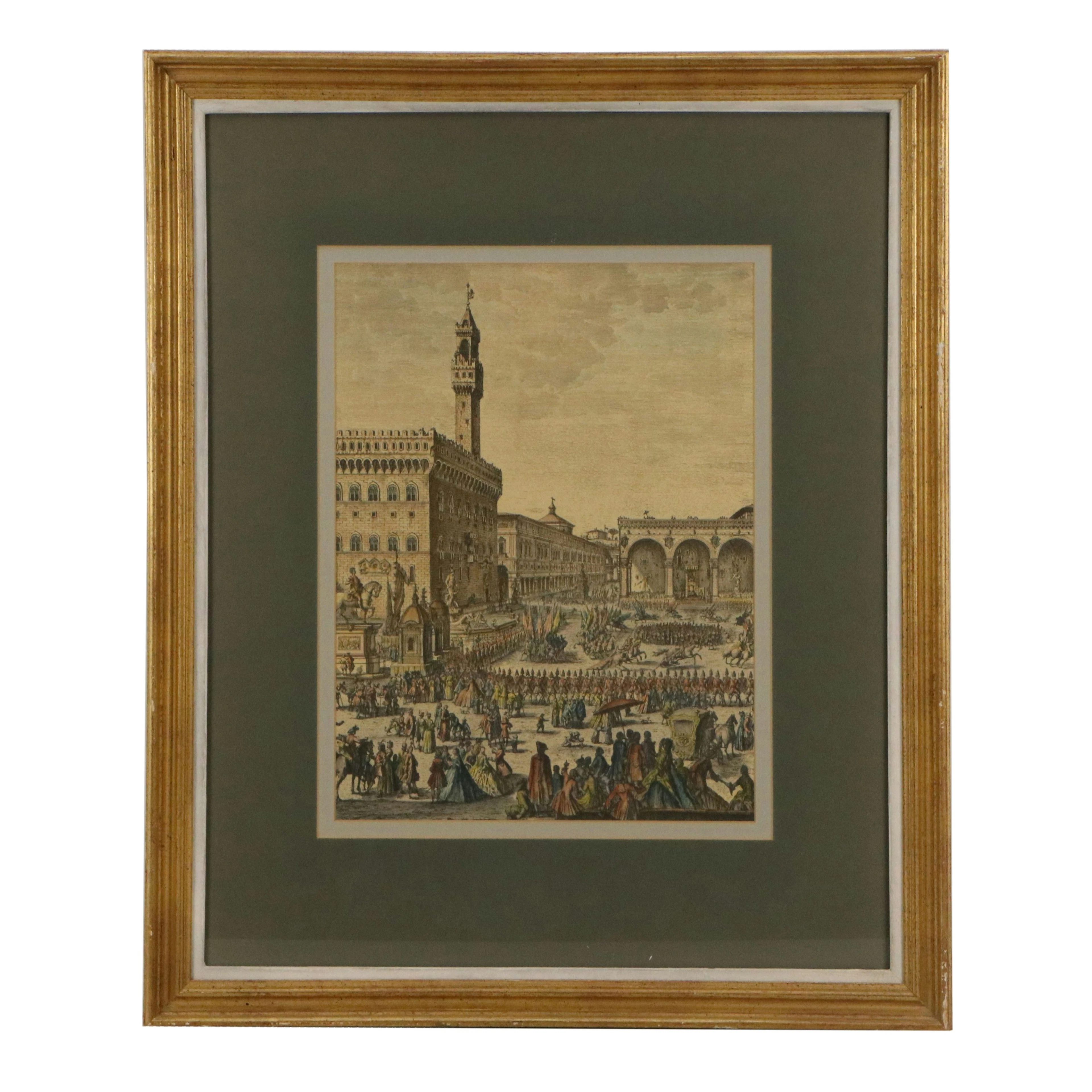 Hand-Colored Litho After Guiseppe Zocchi of the Palazzo Vecchio on a Feast Day
